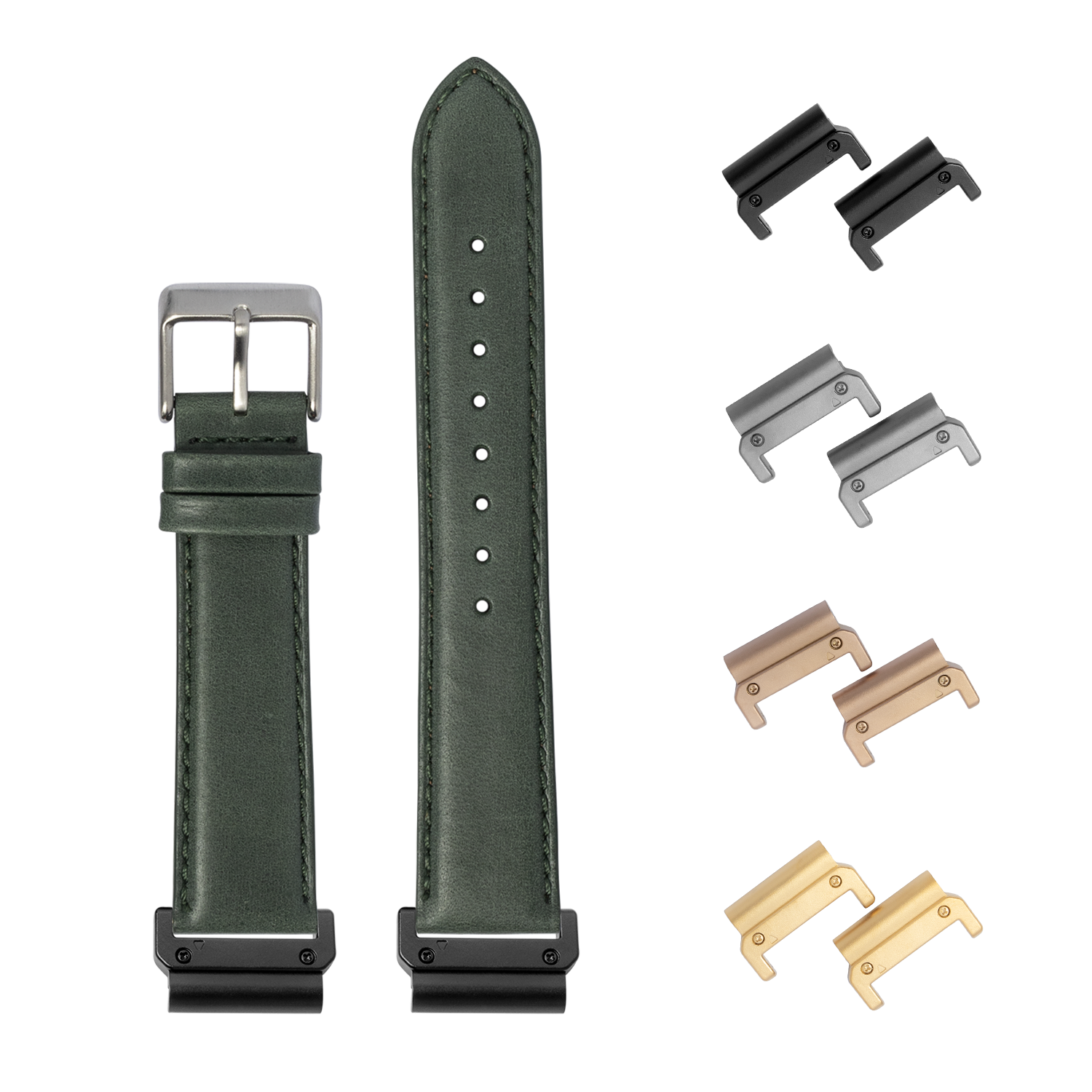 Forest green padded leather quick-fit watch band 22mm with interchangeable metal lugs in black, silver, bronze and gold finishes