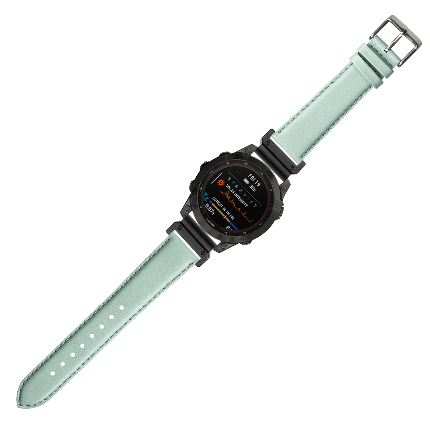 Black smartwatch with light tiffany blue padded leather QuickFit band and AMOLED display showing fitness metrics