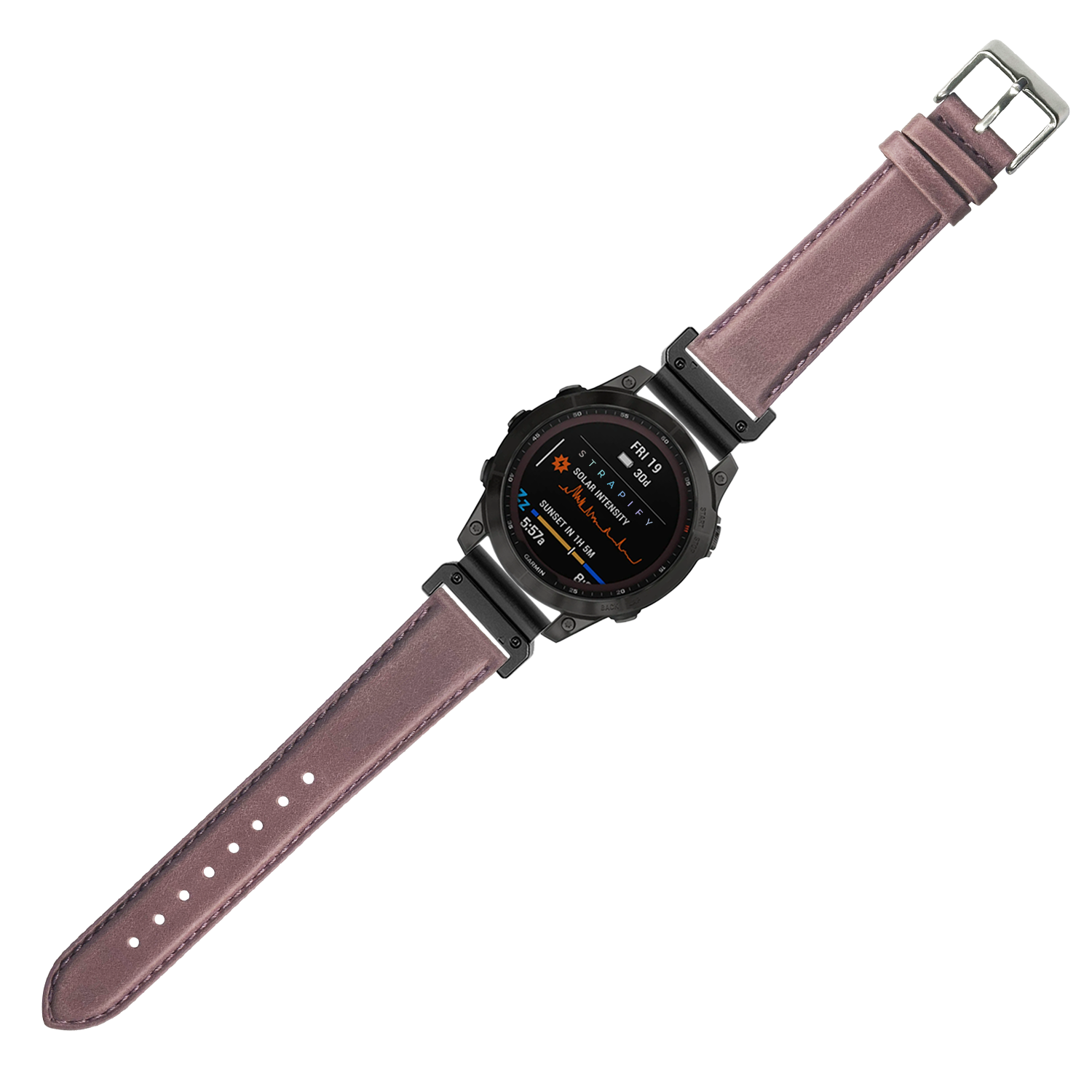 Smartwatch with black case and mauve leather QuickFit band showing AMOLED display with fitness metrics and stats interface
