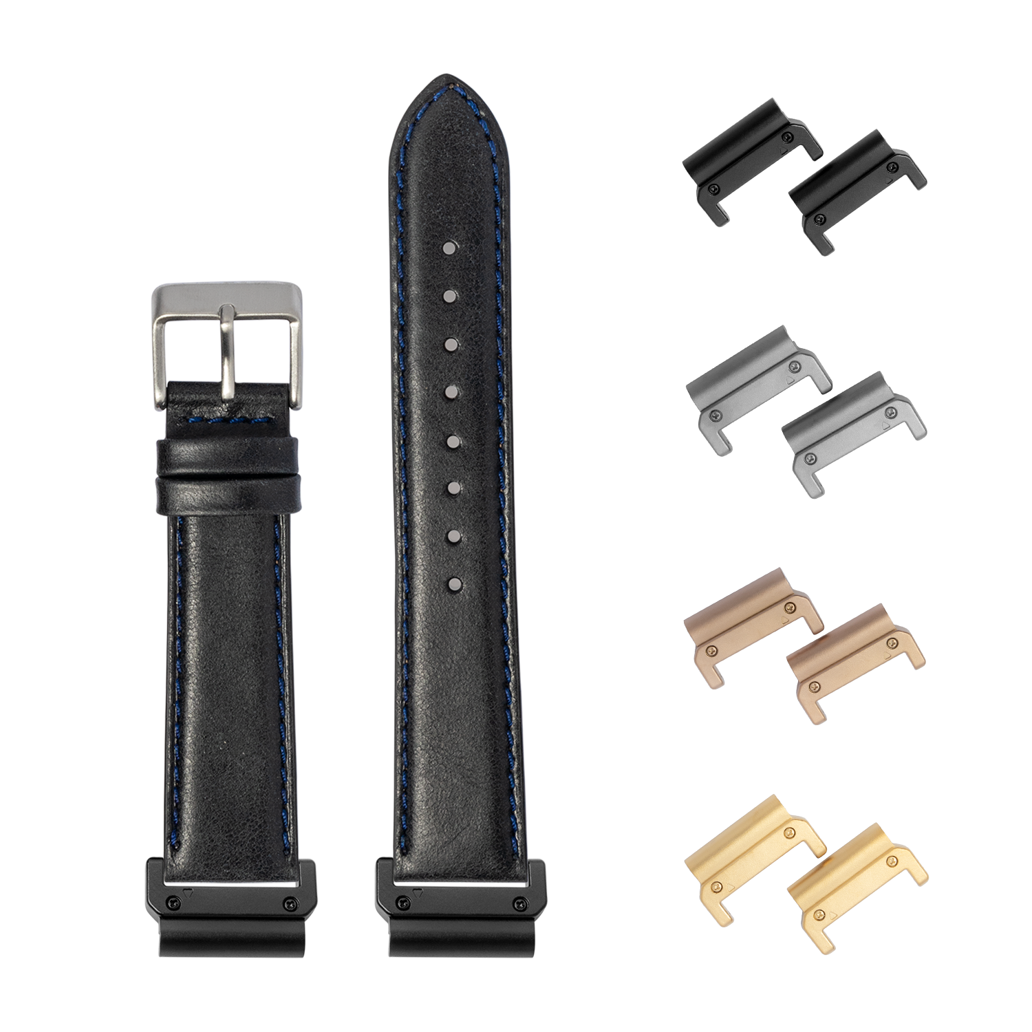 Black leather watch strap with blue stitching, silver buckle, and interchangeable metal lugs in multiple finishes
