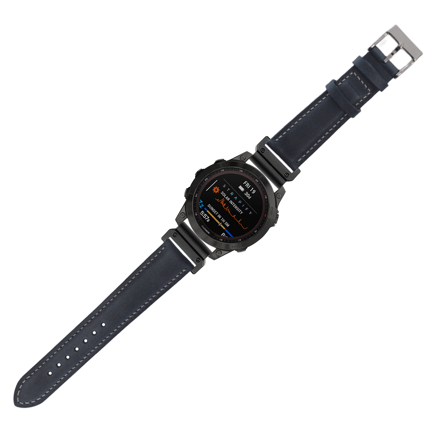 QuickFit padded leather watch band 22mm navy blue with beige stitching and stainless steel buckle on digital smartwatch