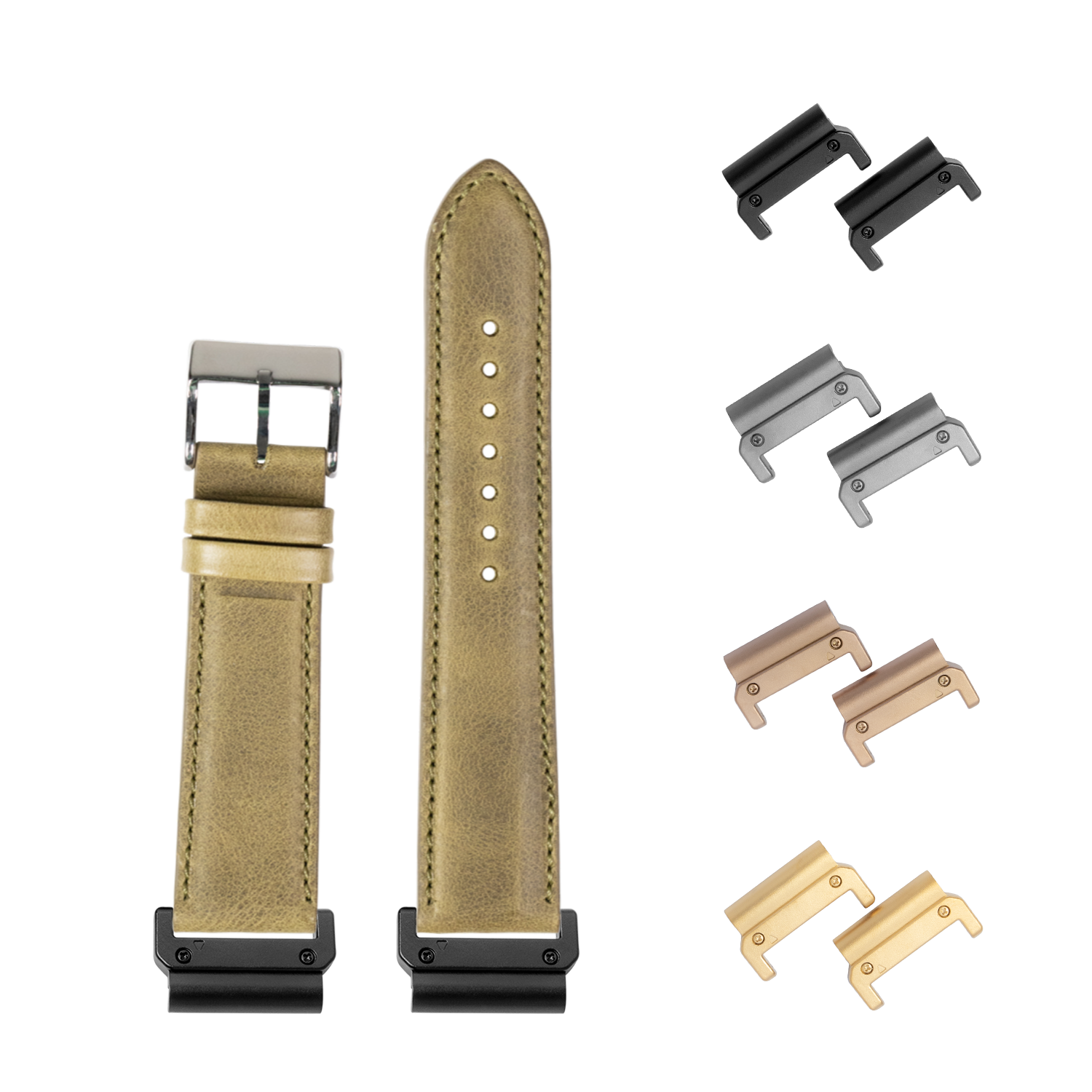 QuickFit padded olive green leather watch band 22mm with interchangeable metal lugs in black, silver, bronze and gold finishes
