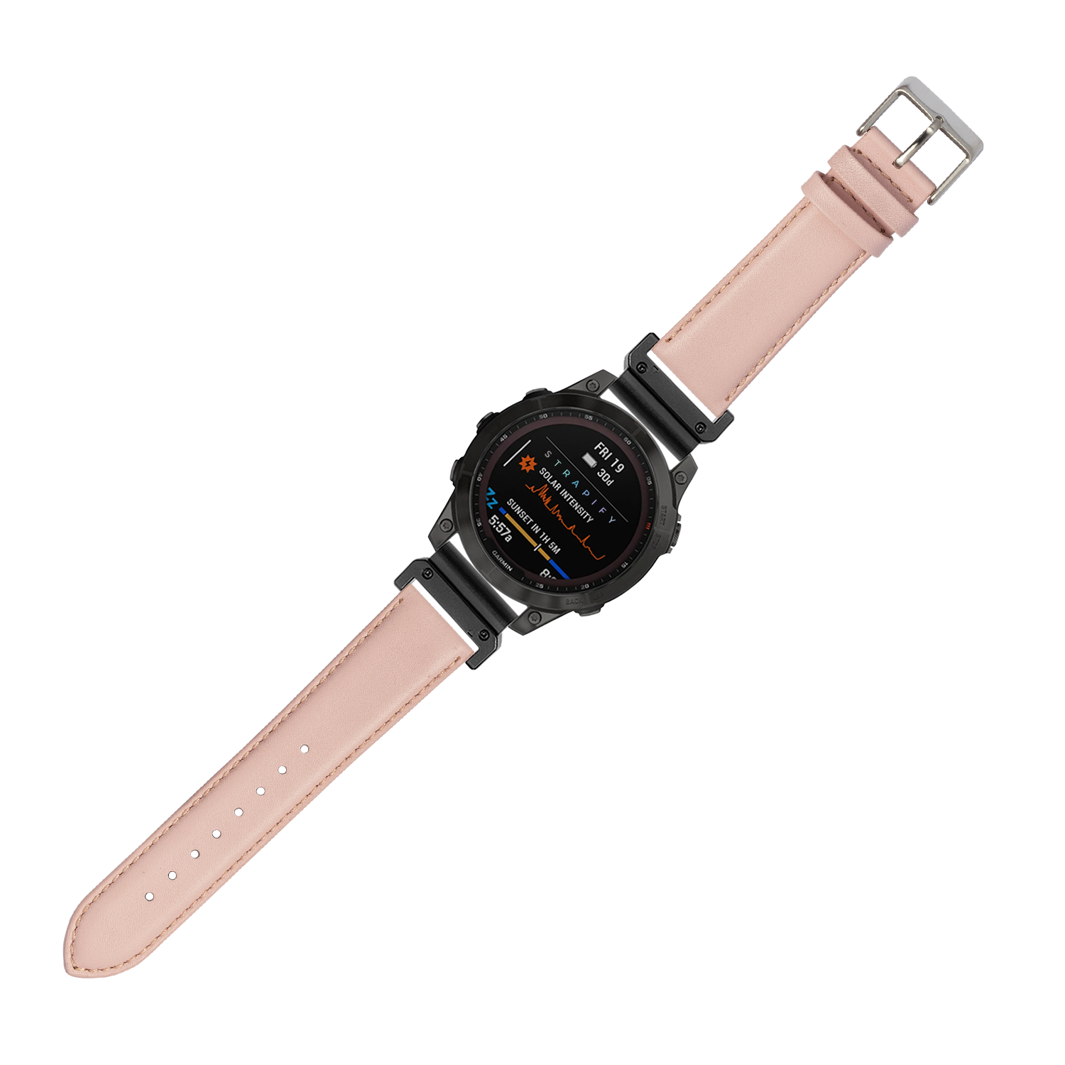 Rugged black digital smartwatch with pink padded leather QuickFit 22mm band and metal buckle