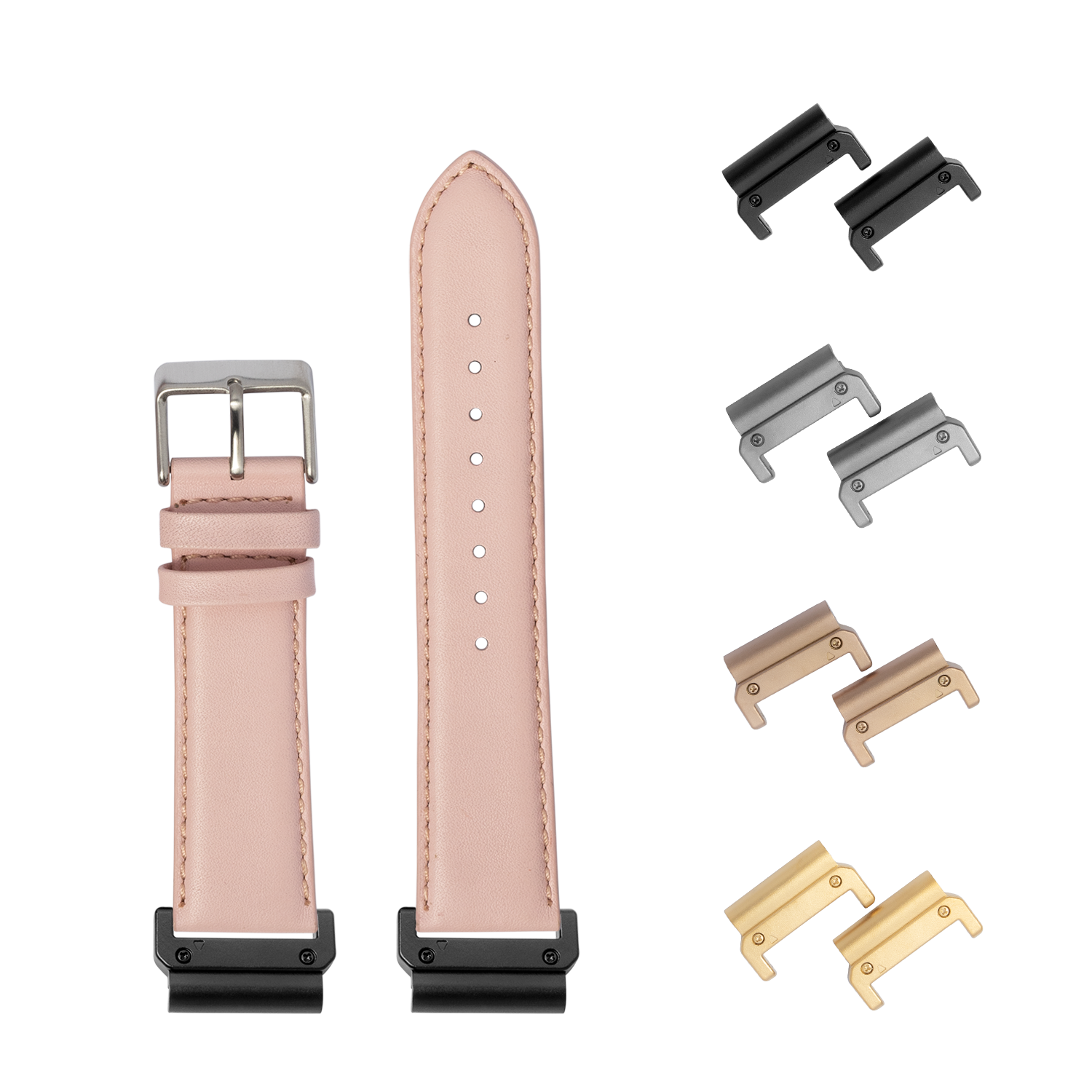 Pink padded leather QuickFit watch band 22mm with interchangeable metal connectors in black, silver, gold and rose gold