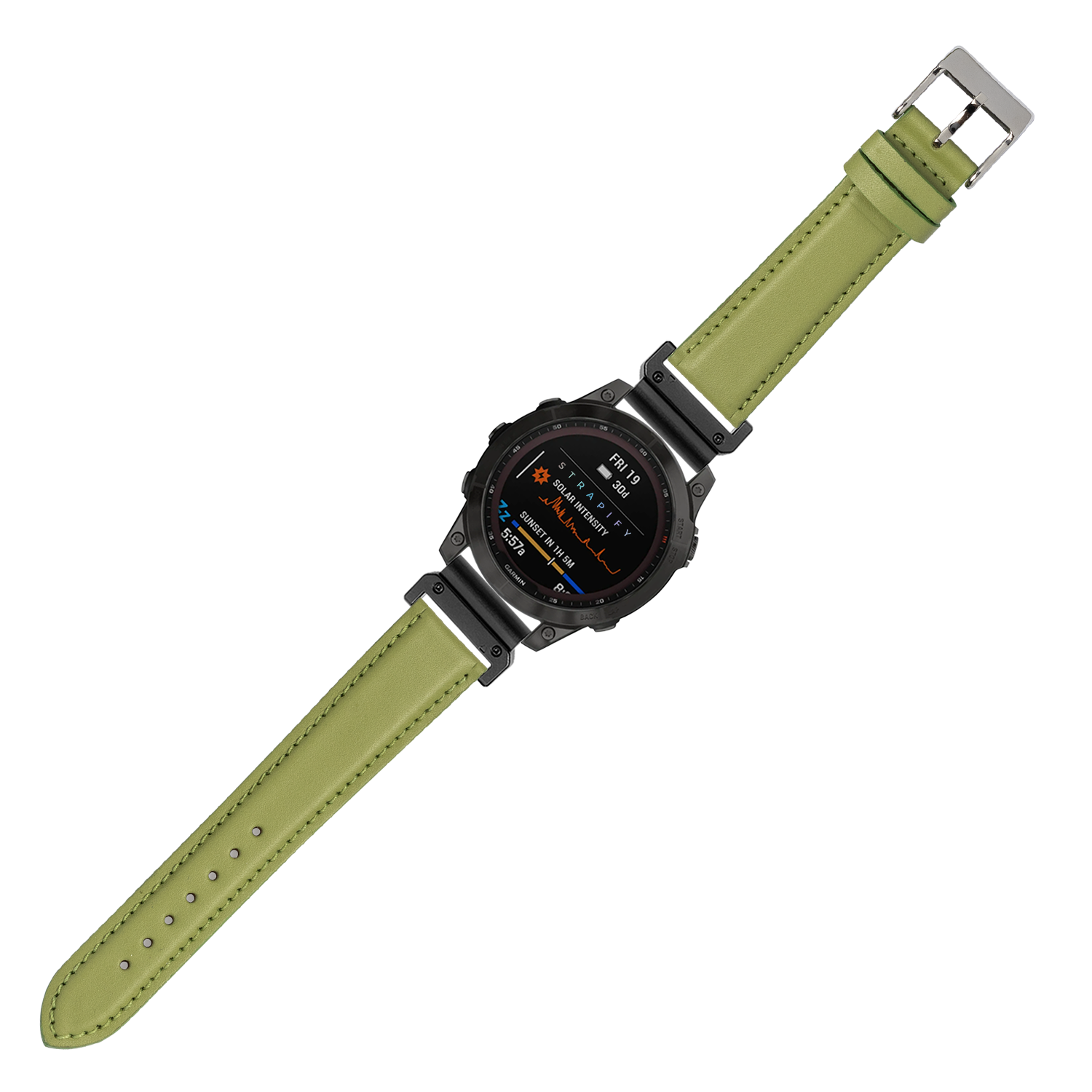 Digital smartwatch with black case and AMOLED display paired with pistachio green padded leather QuickFit watch band