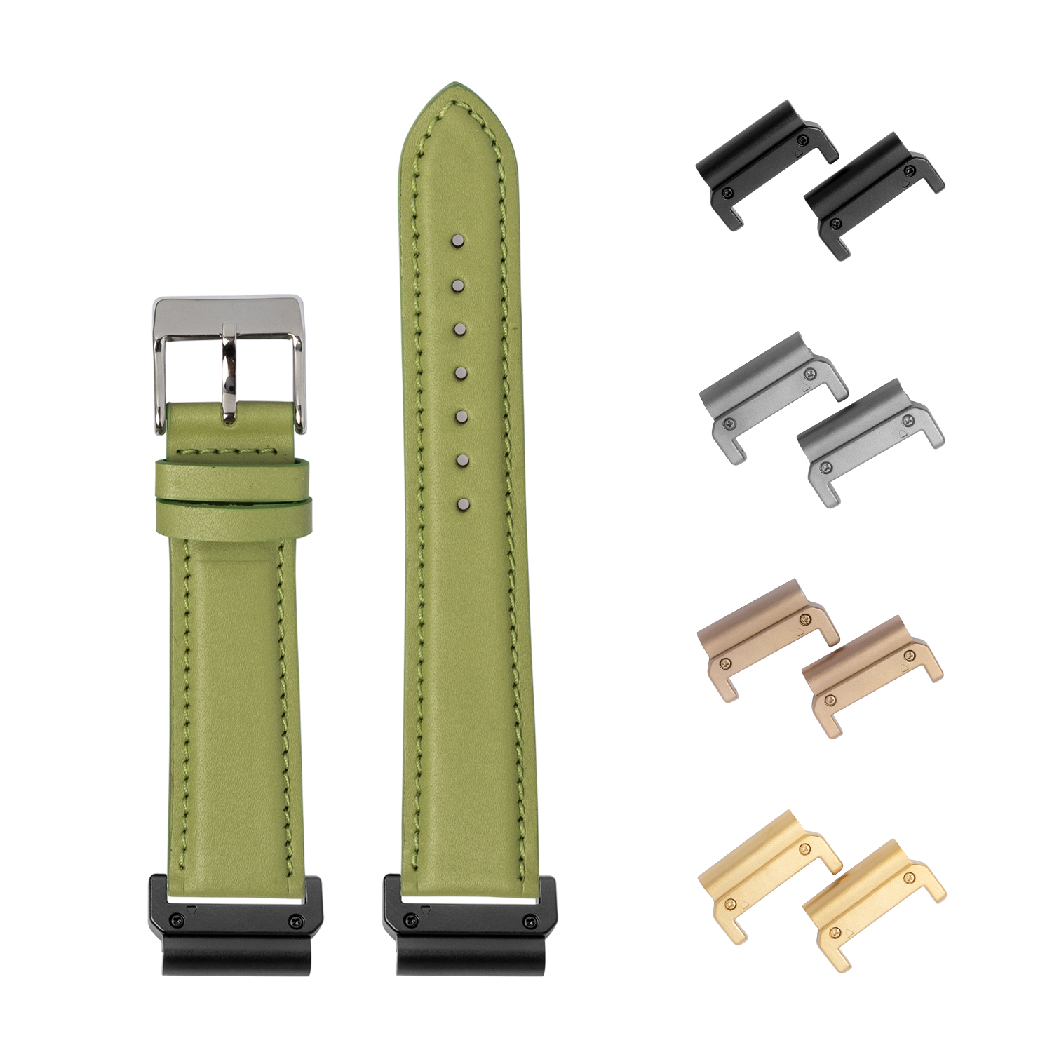 Pistachio green padded leather 22mm QuickFit watch strap with interchangeable metal lugs in black, silver, rose gold and gold finishes