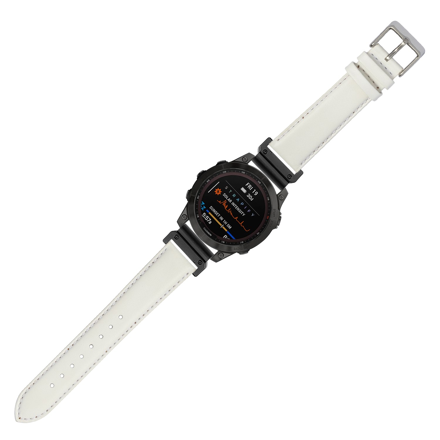 Black digital smartwatch with white leather QuickFit band and metal buckle, featuring AMOLED display showing fitness metrics