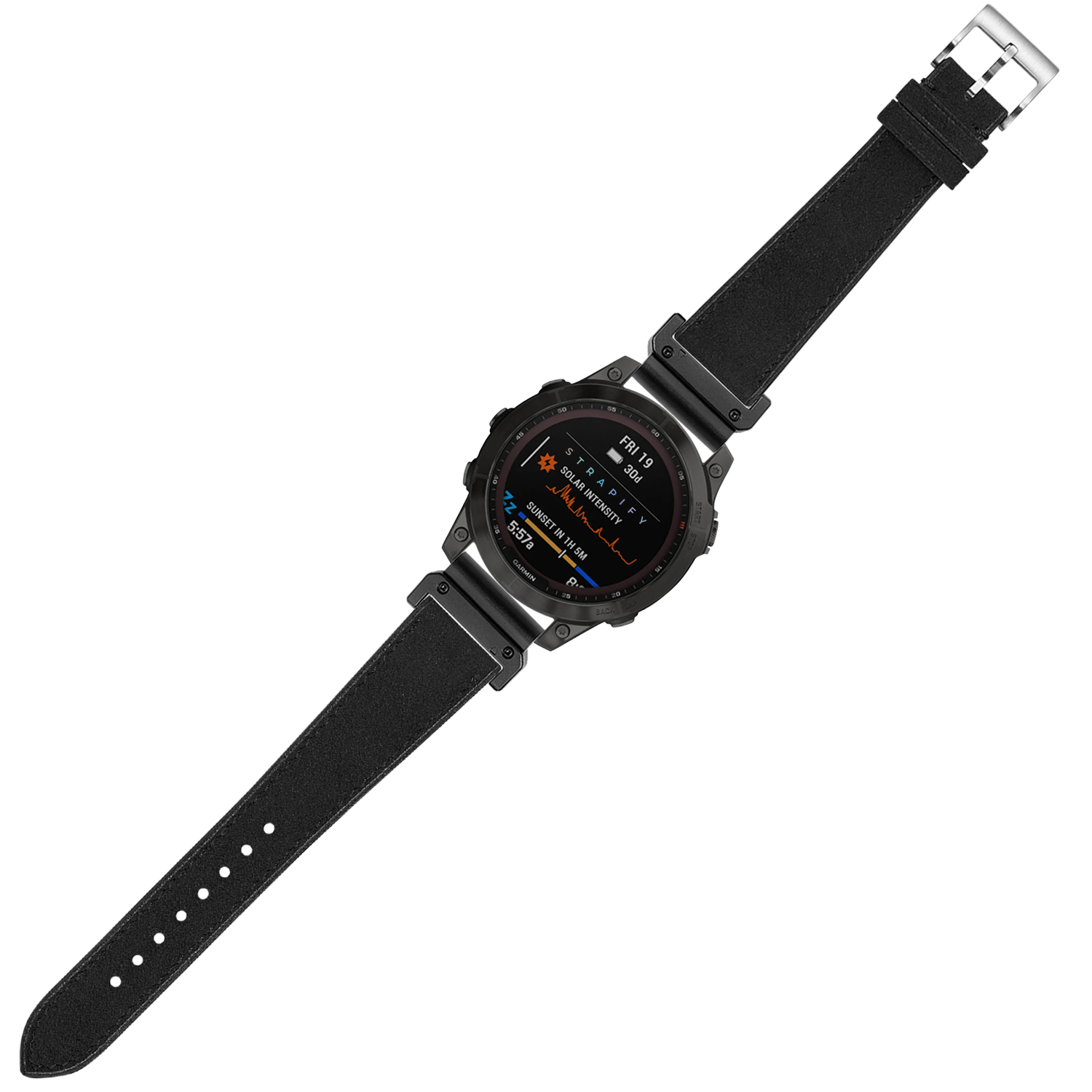 Black Alcantara leather smartwatch band 22mm with metal buckle and orange digital display showing fitness metrics