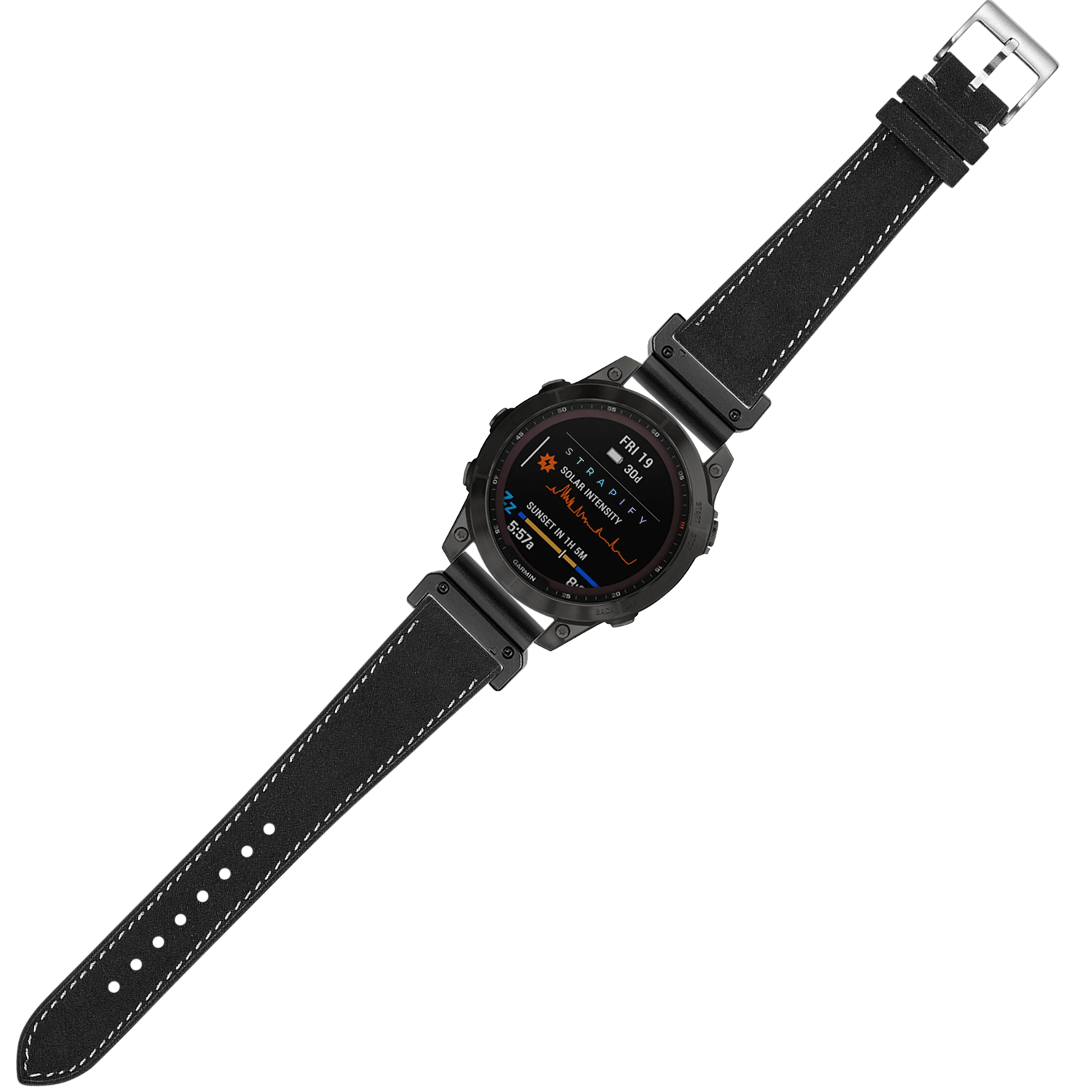 Black leather smartwatch with white stitching QuickFit band, AMOLED display showing health metrics and date