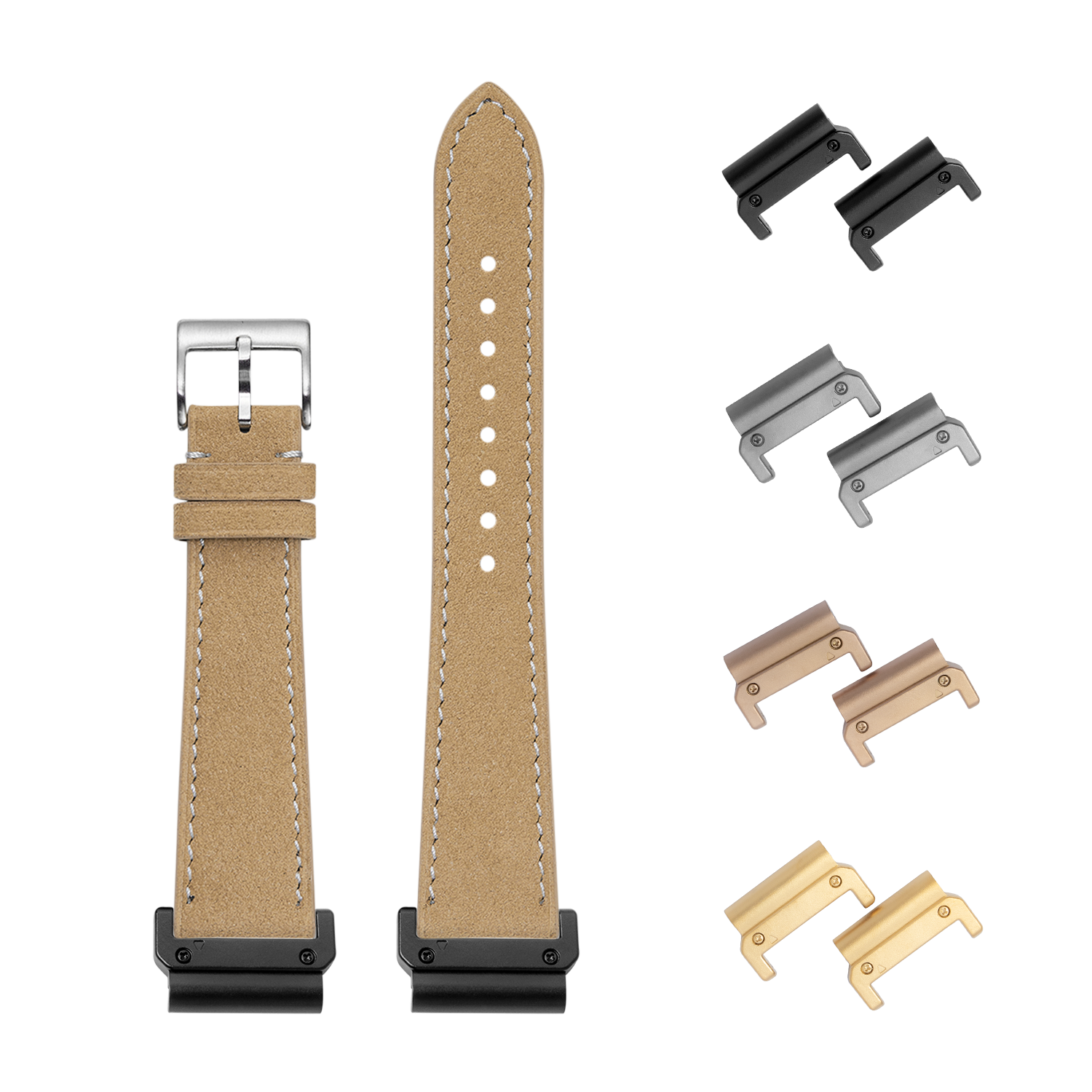 Tan Alcantara leather watch band 22mm with white stitching, interchangeable quick-fit lugs in multiple finishes