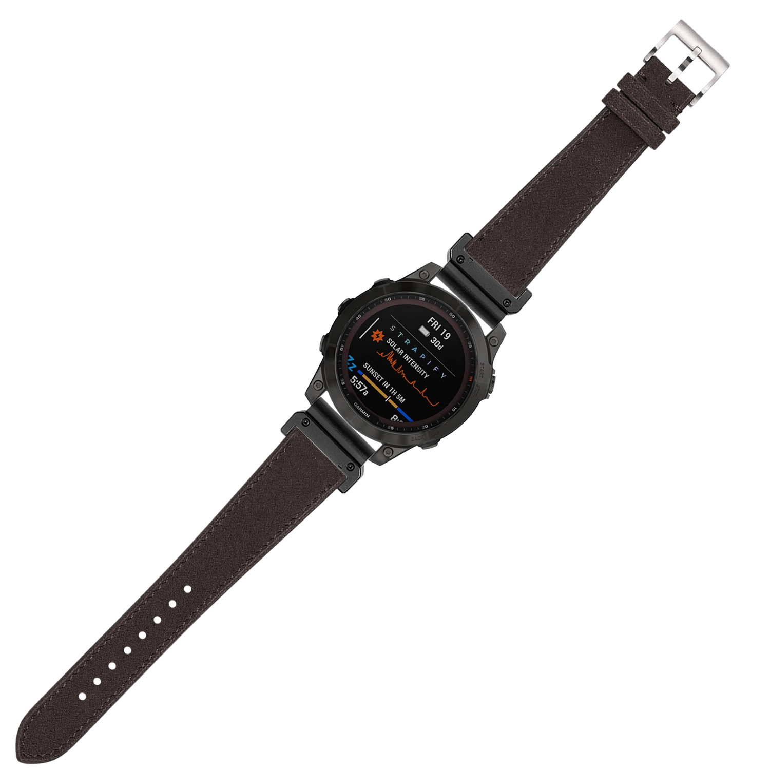 Black digital smartwatch with dark brown Alcantara leather band and silver buckle, displaying fitness metrics on AMOLED screen