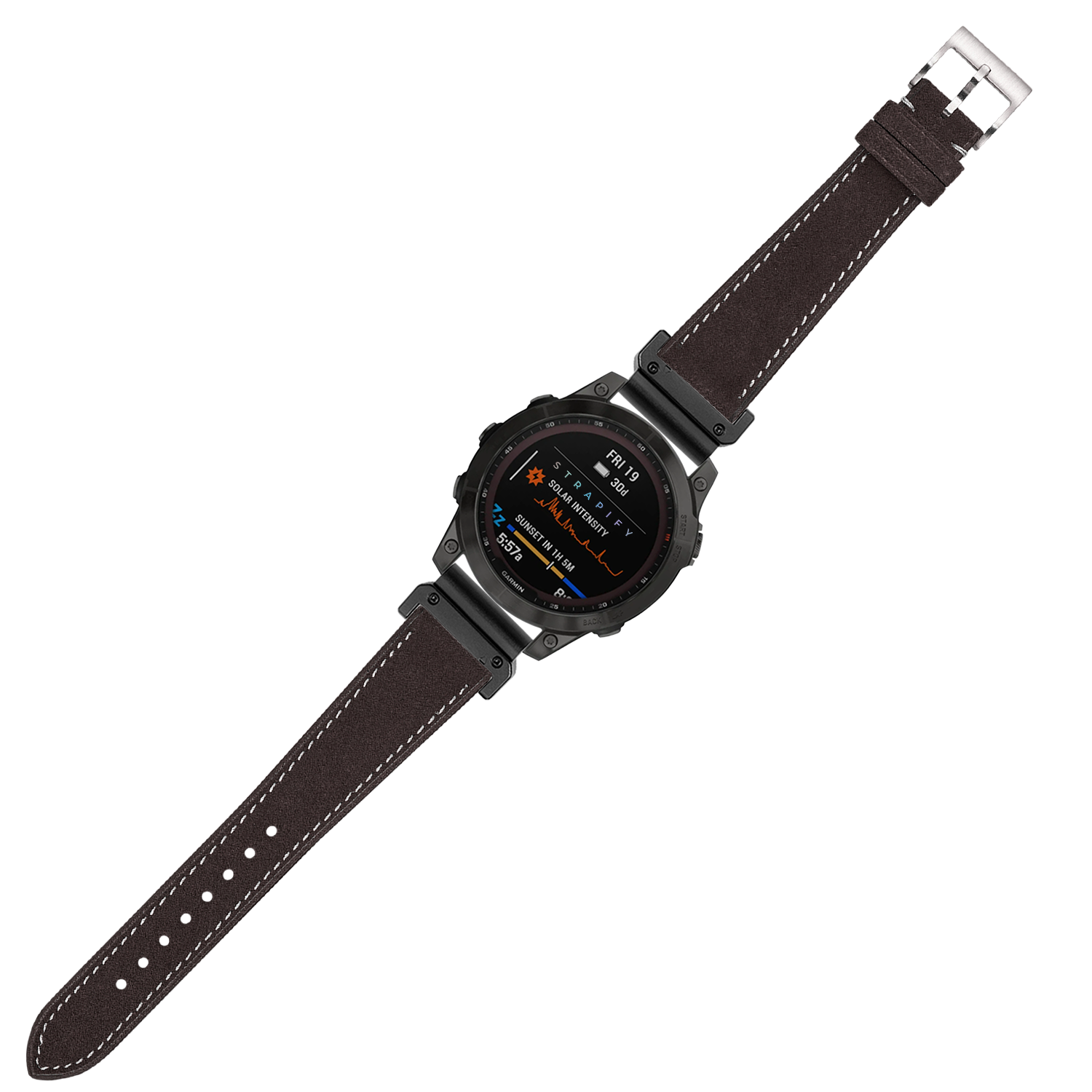 Black rugged smartwatch with dark brown Alcantara leather strap and white stitching, featuring digital display with orange and blue text