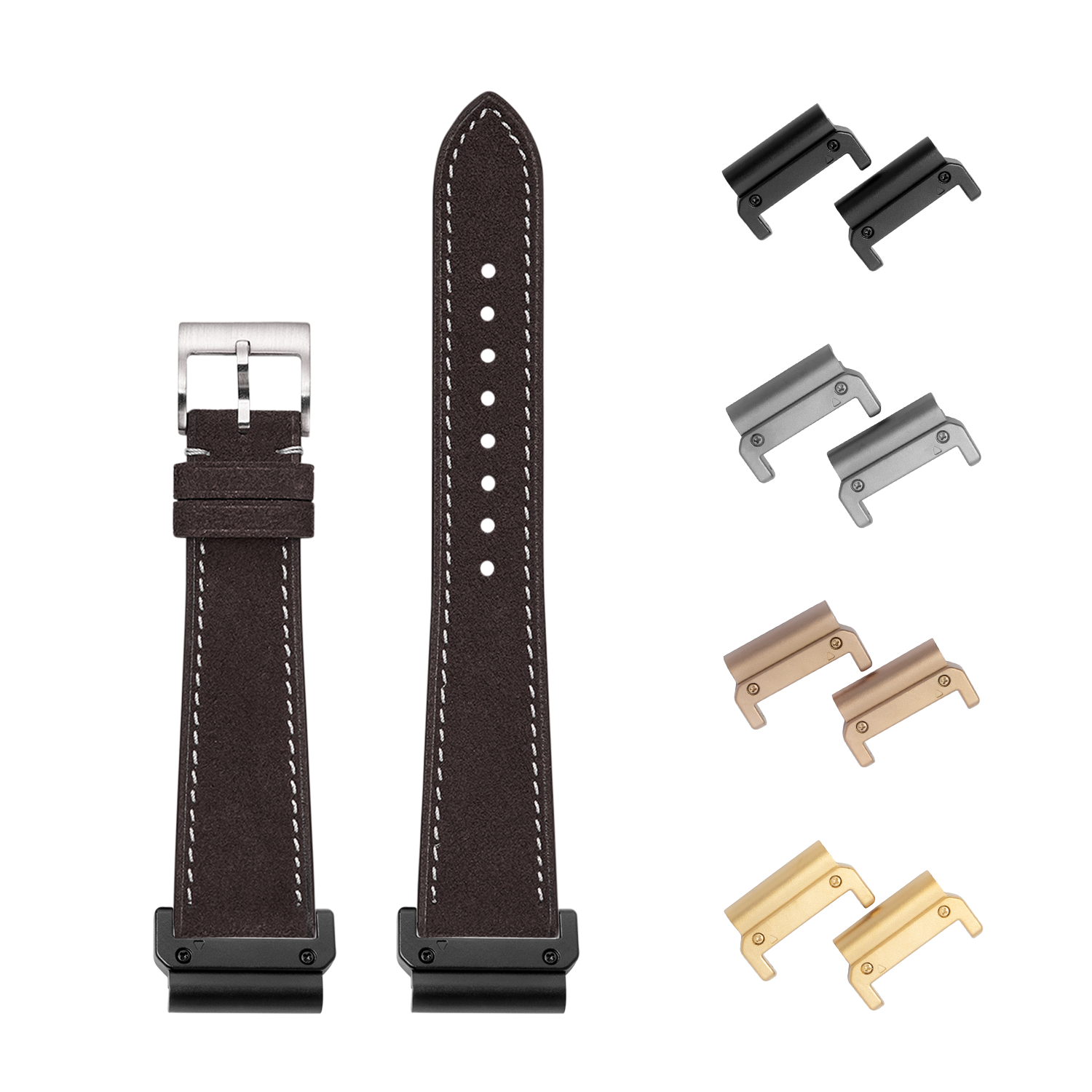 Dark brown QuickFit leather watch band 22mm with white stitching, stainless steel buckle, and interchangeable metal lugs in black, silver, rose gold, and gold finishes