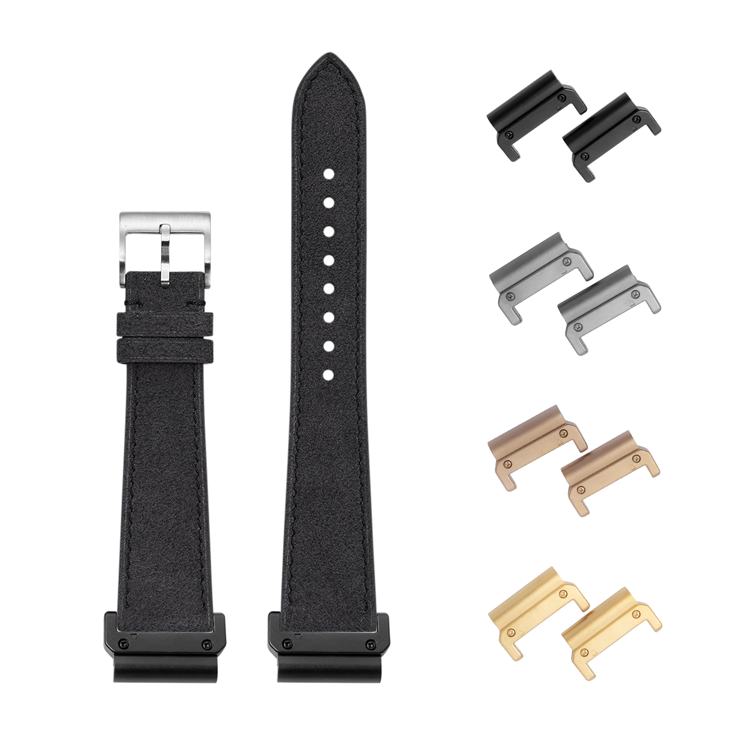 QuickFit Alcantara leather watch band dark grey 22mm with interchangeable metal lugs in silver, gunmetal, rose gold and champagne finishes