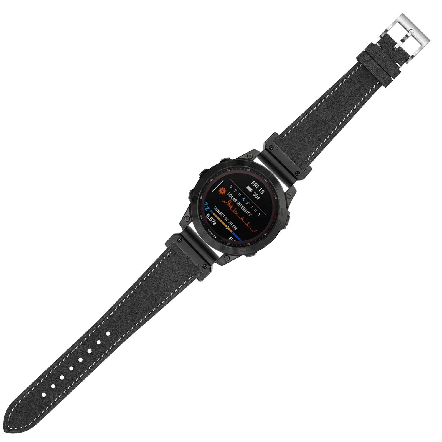 Black digital smartwatch with Alcantara leather strap, white stitching, and AMOLED display showing fitness metrics
