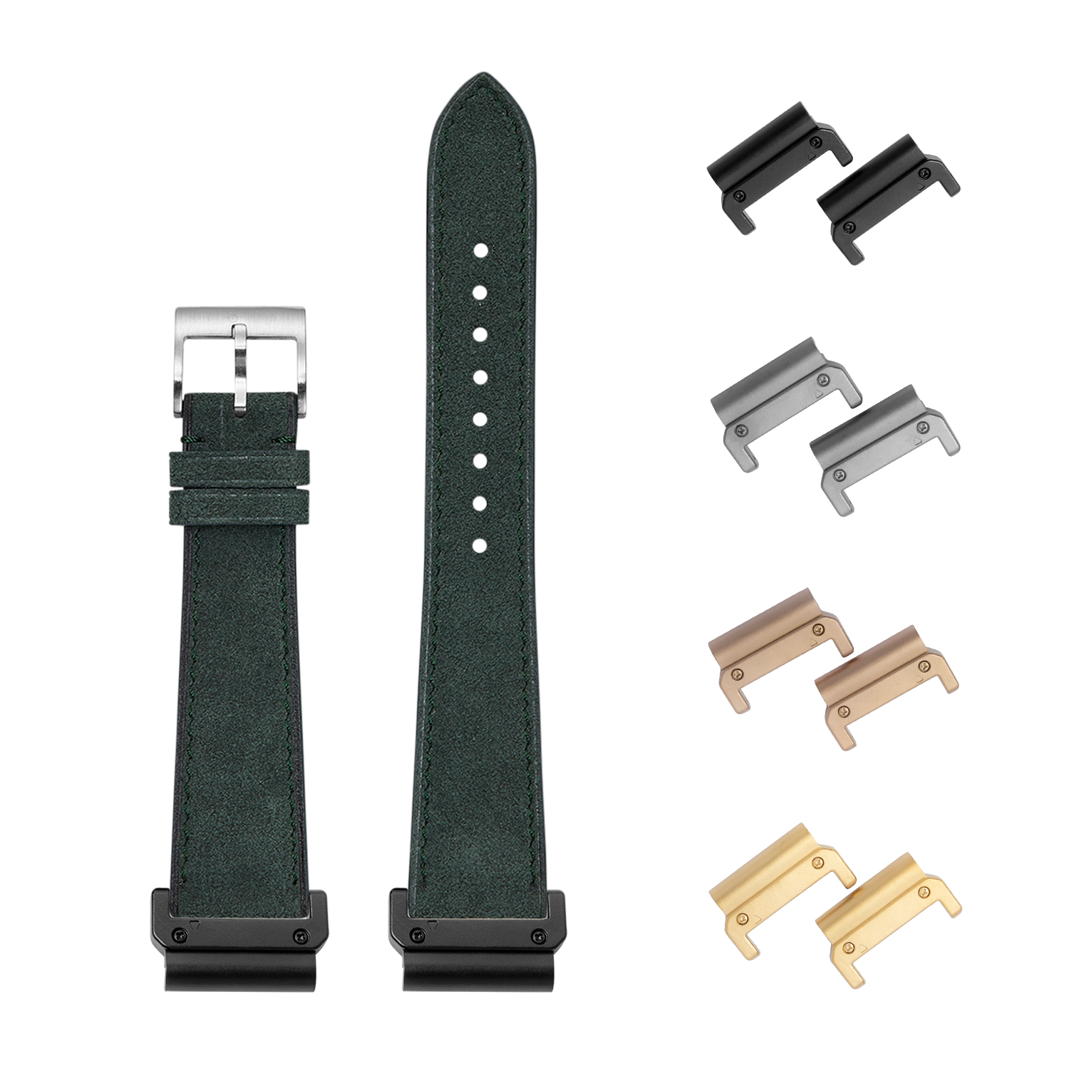 Green Alcantara leather watch strap with quick-fit system and interchangeable metal lugs in black, silver, bronze and gold finishes