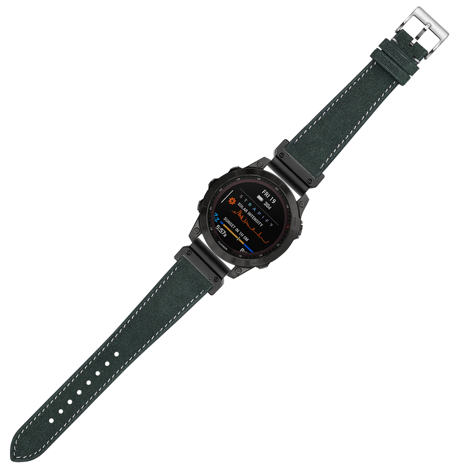 Black digital smartwatch with green Alcantara leather strap and white stitching, featuring AMOLED display showing health metrics