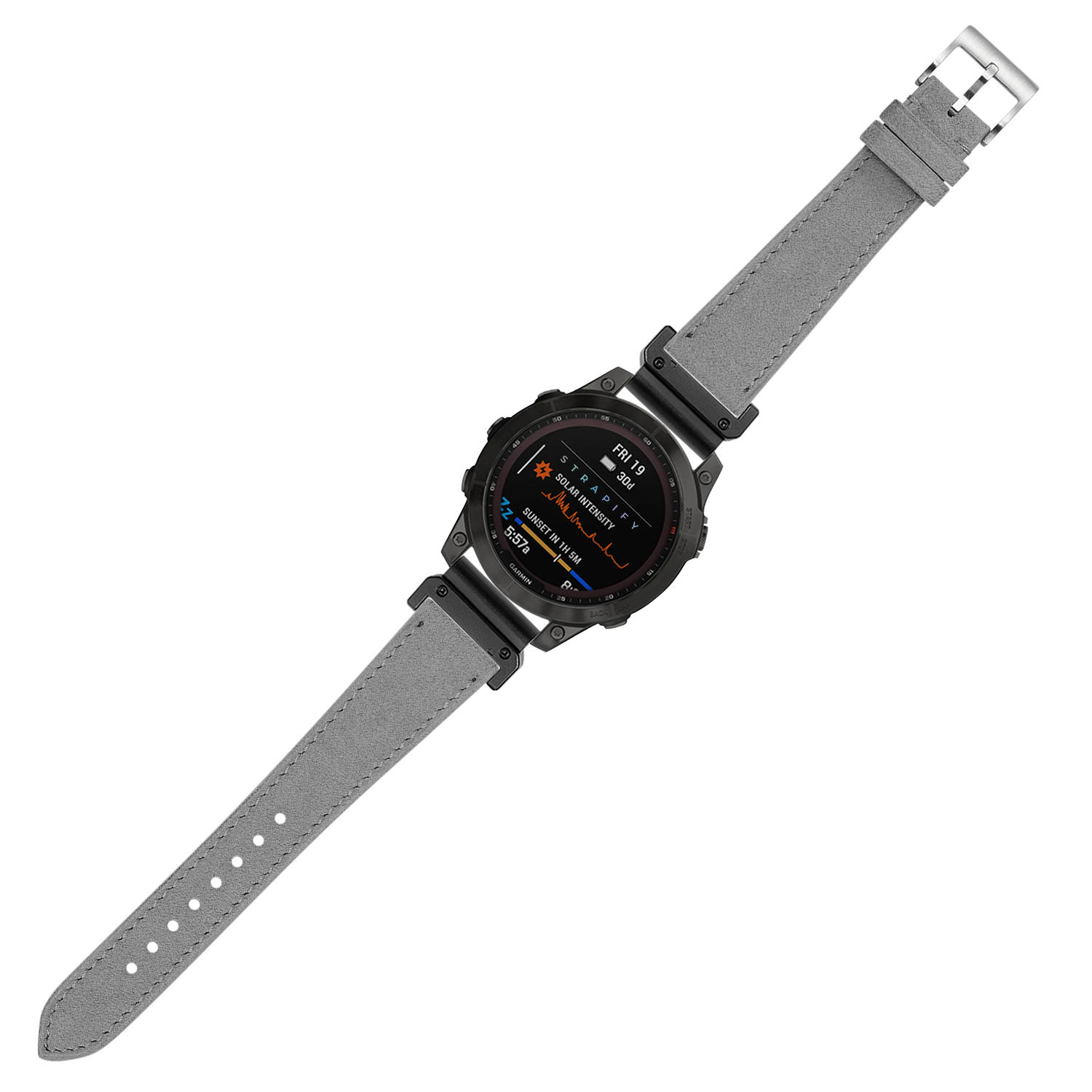 Grey Alcantara leather QuickFit watch band 22mm with silver buckle displayed on tactical smartwatch