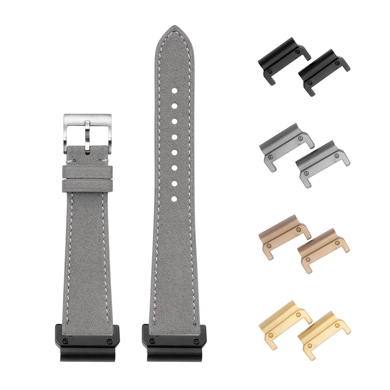 QuickFit grey Alcantara leather watch band 22mm with white stitching and interchangeable metal lugs in black, silver, bronze and gold finishes