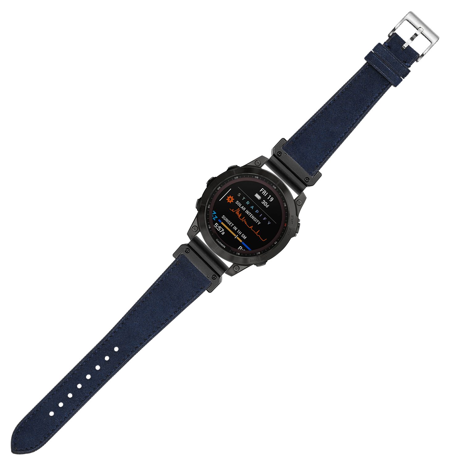 Navy blue Alcantara leather 22mm quick-fit watch band with metal buckle and AMOLED smartwatch display showing fitness metrics