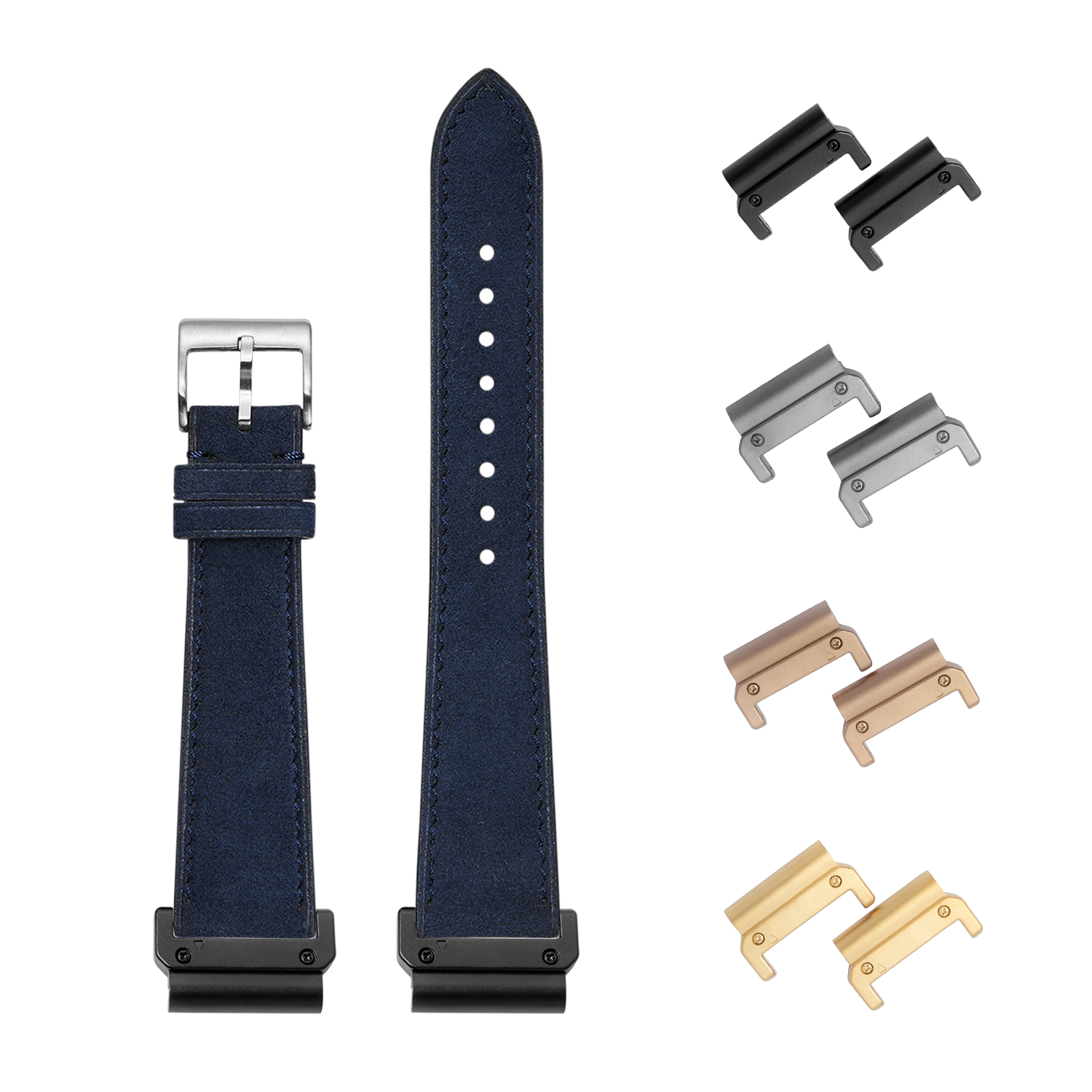Navy blue Alcantara leather quick-release watch band 22mm with silver buckle and interchangeable metal lugs in multiple finishes
