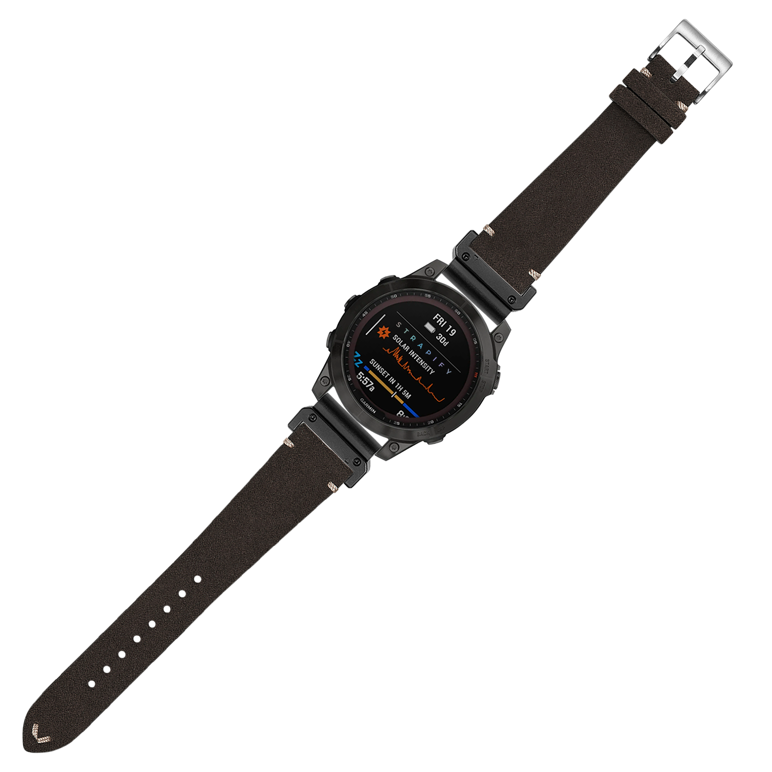 Black rugged smartwatch with AMOLED display and dark brown Alcantara leather quick-fit strap, 22mm width