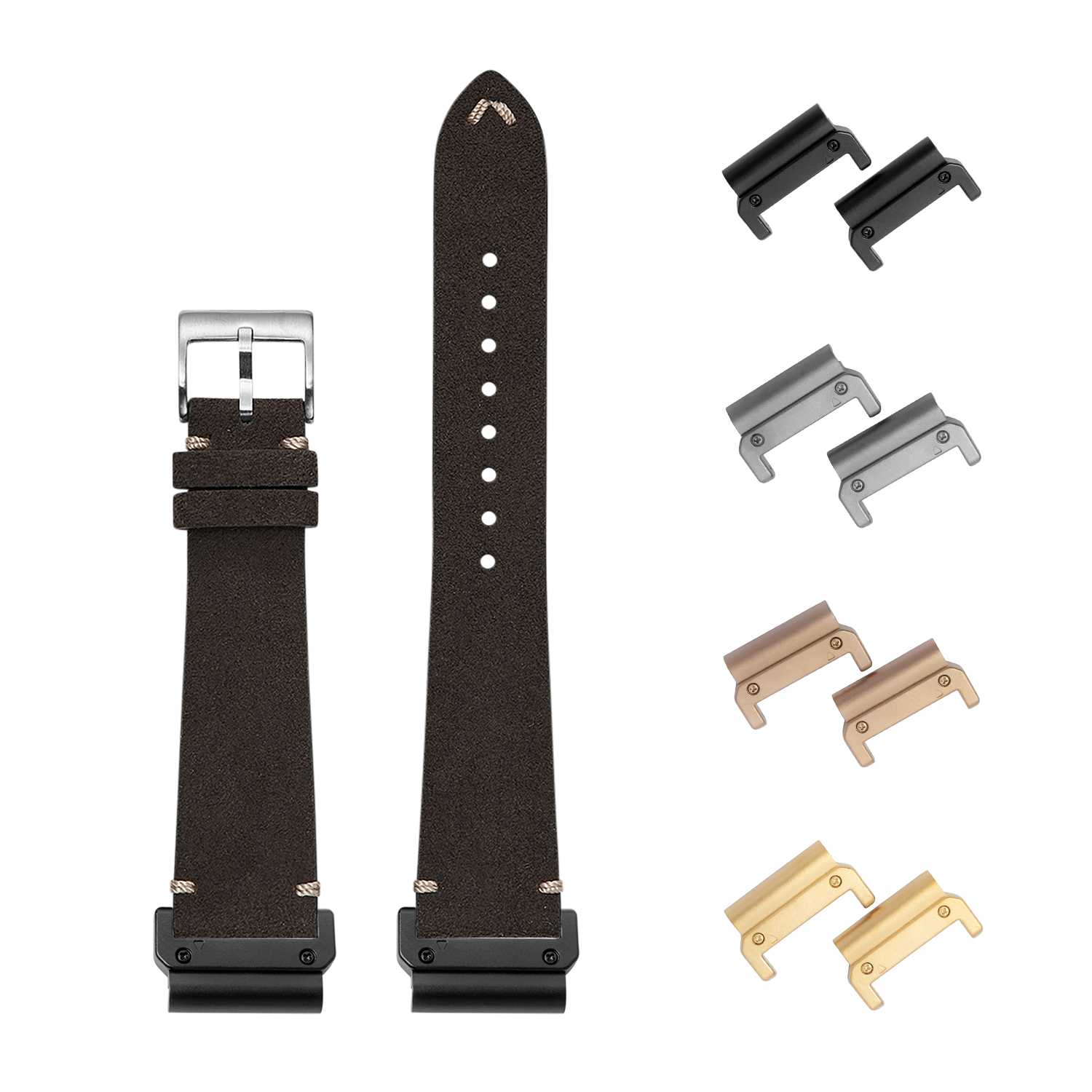 Quick-fit dark brown Alcantara leather watch strap 22mm with interchangeable metal lugs in multiple finishes