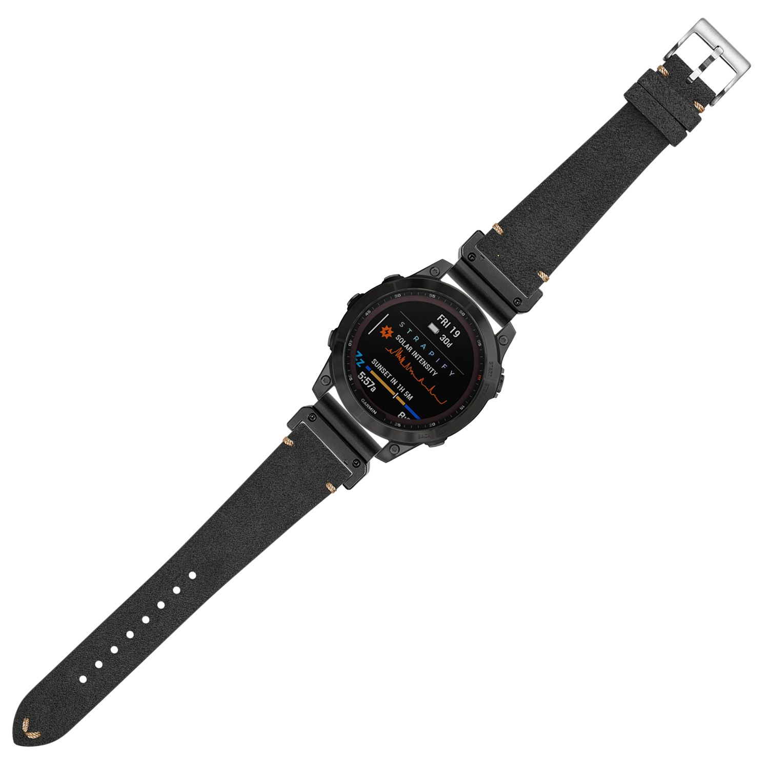 Black digital smartwatch with dark grey Alcantara leather strap and buckle, displaying fitness metrics on AMOLED screen