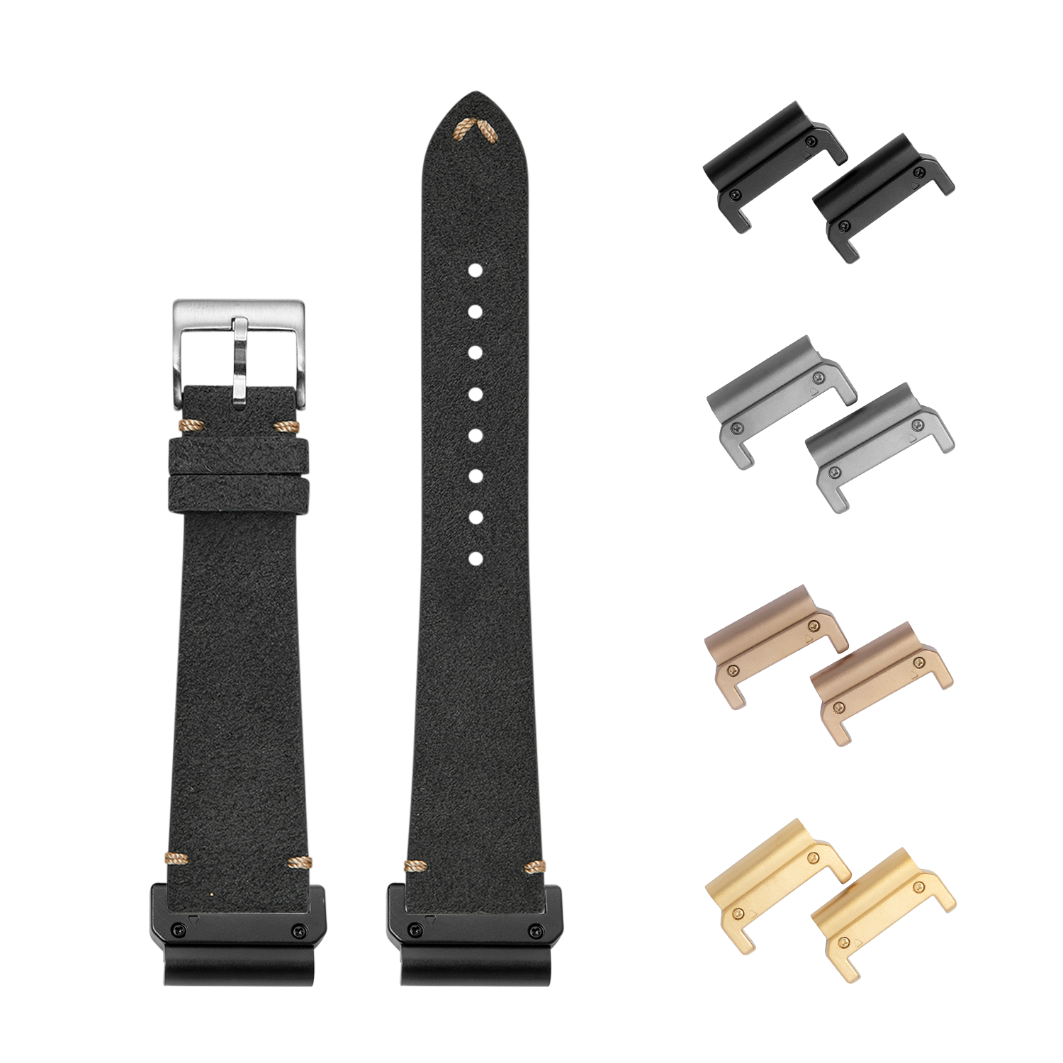 QuickFit dark grey Alcantara leather watch band 22mm with interchangeable metal lugs in black, silver, rose gold and gold finishes