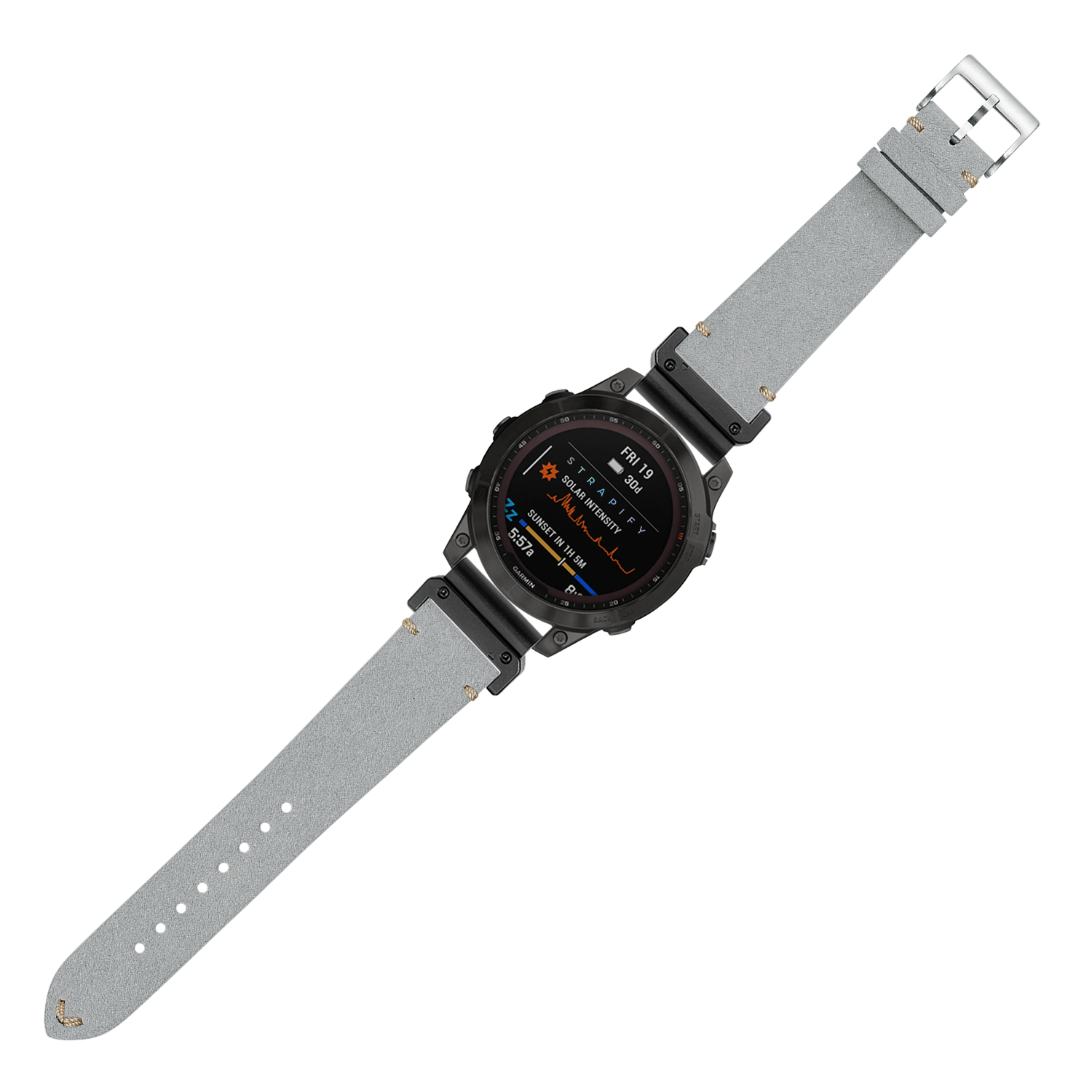 Black digital smartwatch with grey alcantara leather strap and silver buckle, displaying fitness metrics on AMOLED screen