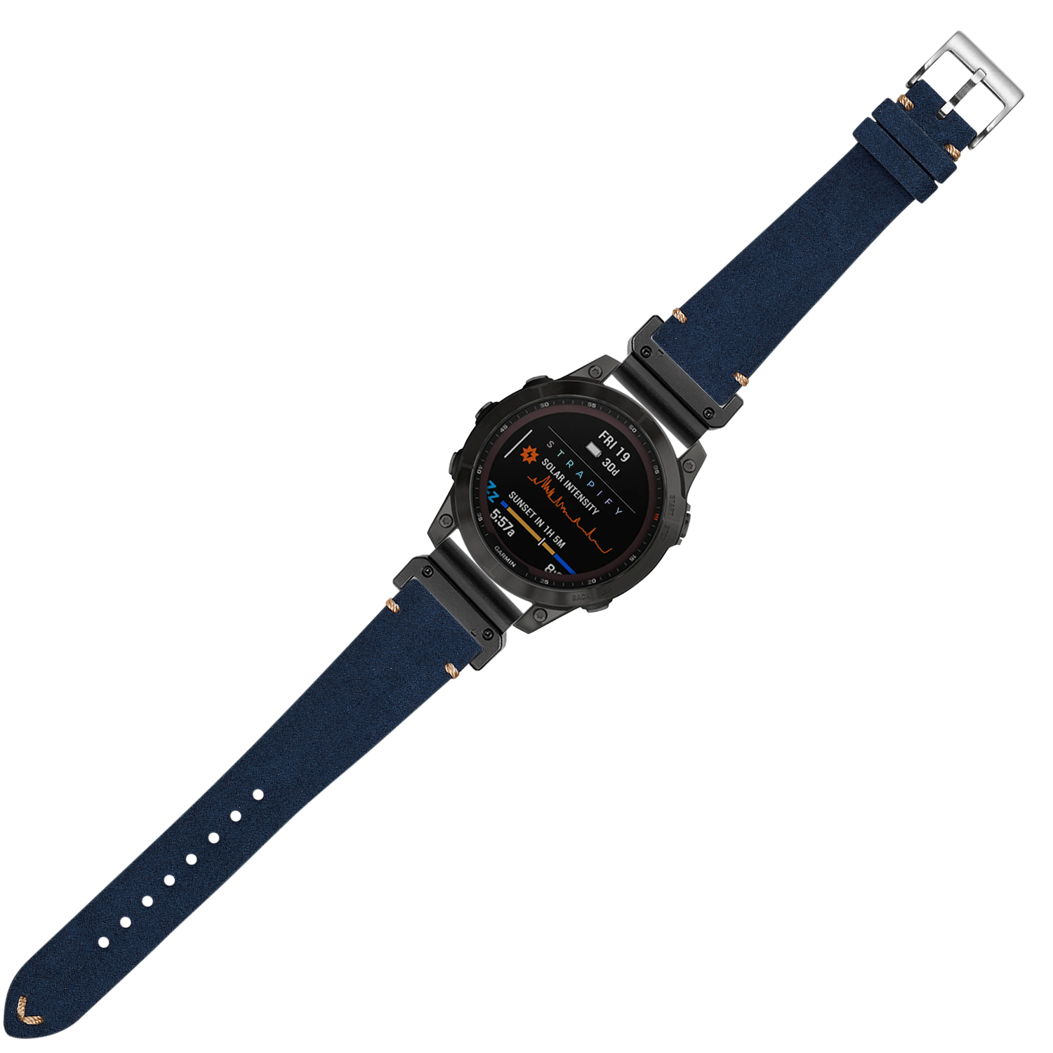Digital smartwatch with black case and navy blue Alcantara leather strap, displaying AMOLED screen with fitness metrics and date