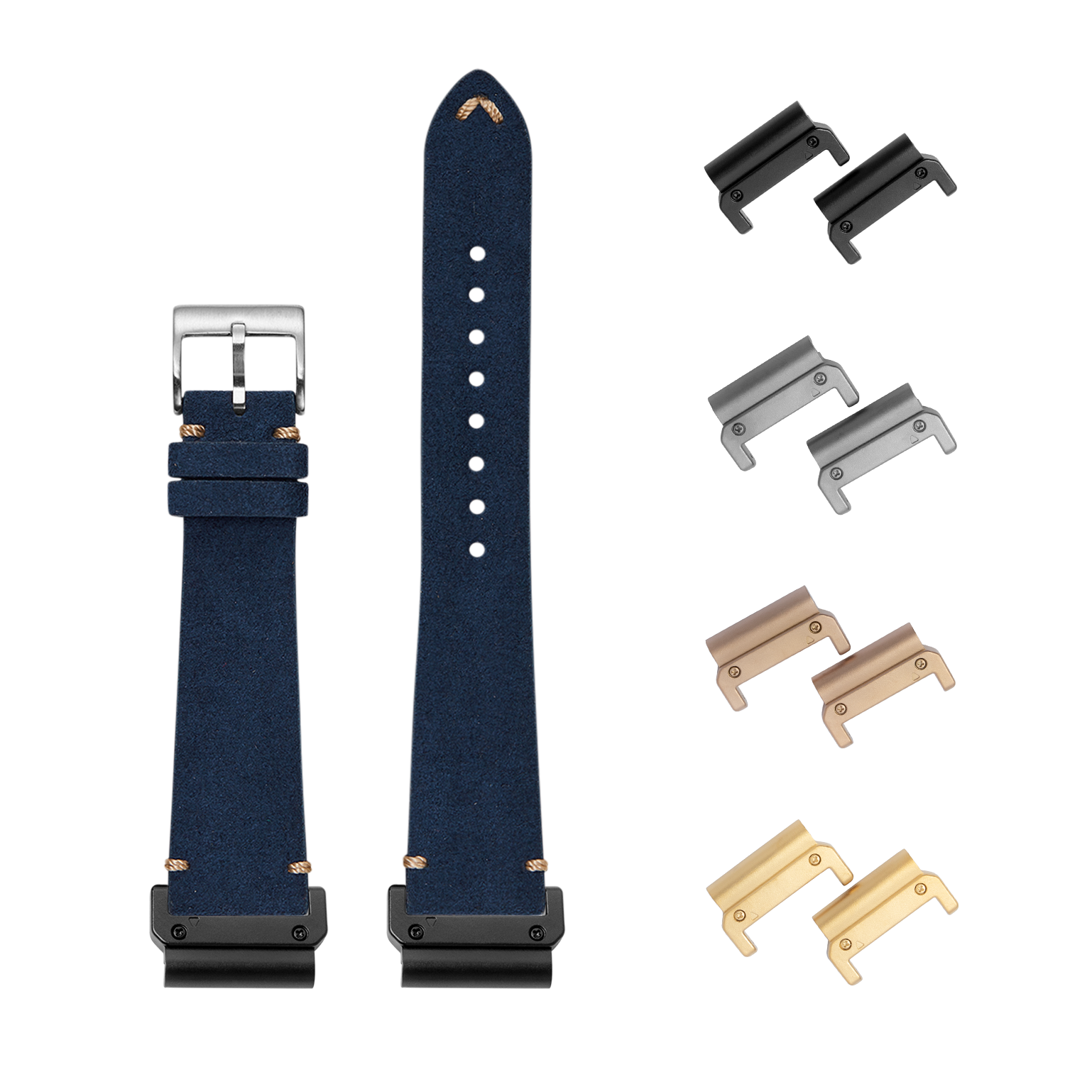 Navy blue Alcantara leather 22mm watch strap with interchangeable quick-fit metal lugs in multiple finishes