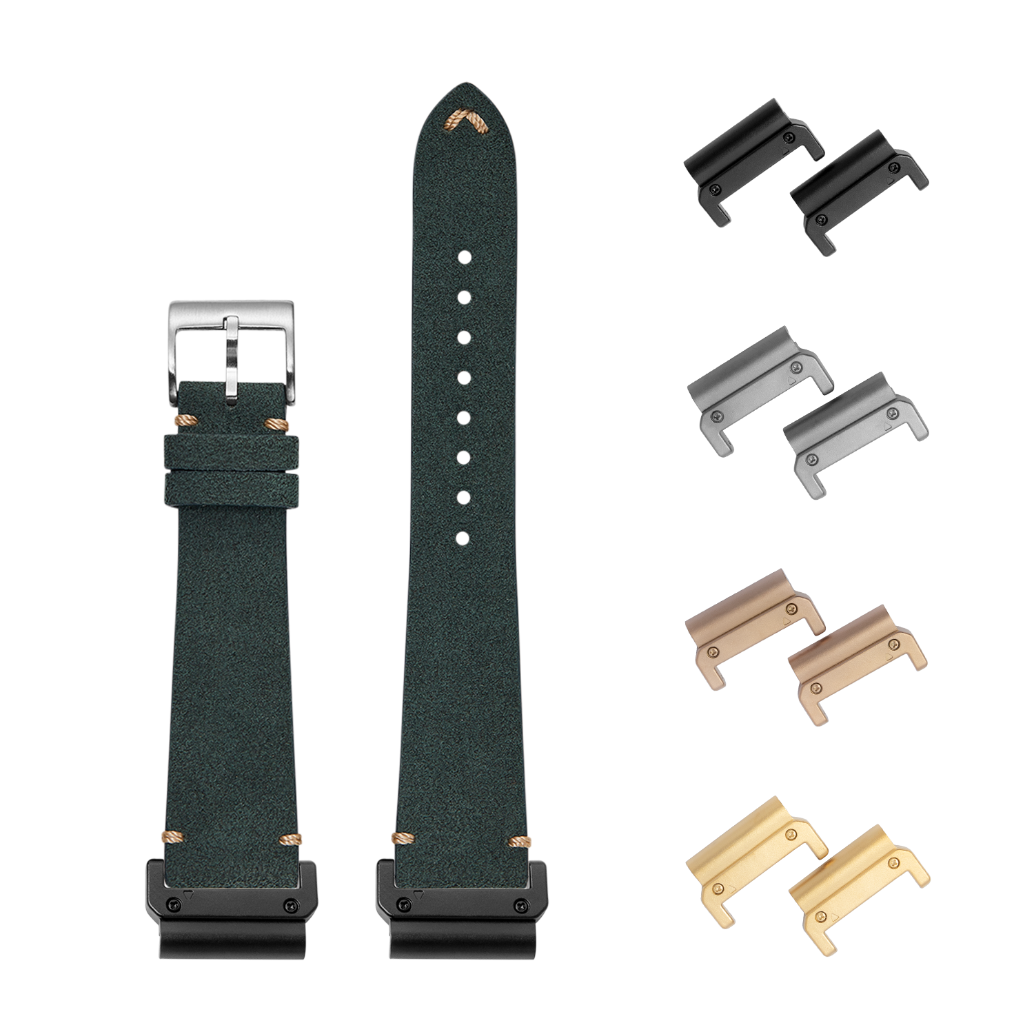 Forest green Alcantara leather watch band 22mm with quick-fit adapters in multiple finishes included