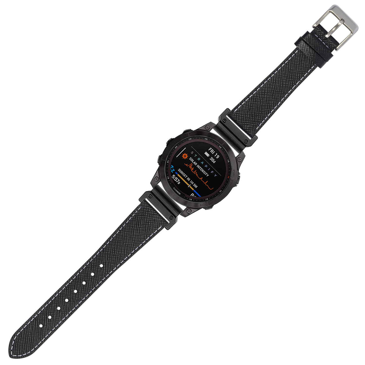 Black Saffiano leather watch band with white stitching, 22mm QuickFit strap with silver buckle on tactical digital smartwatch