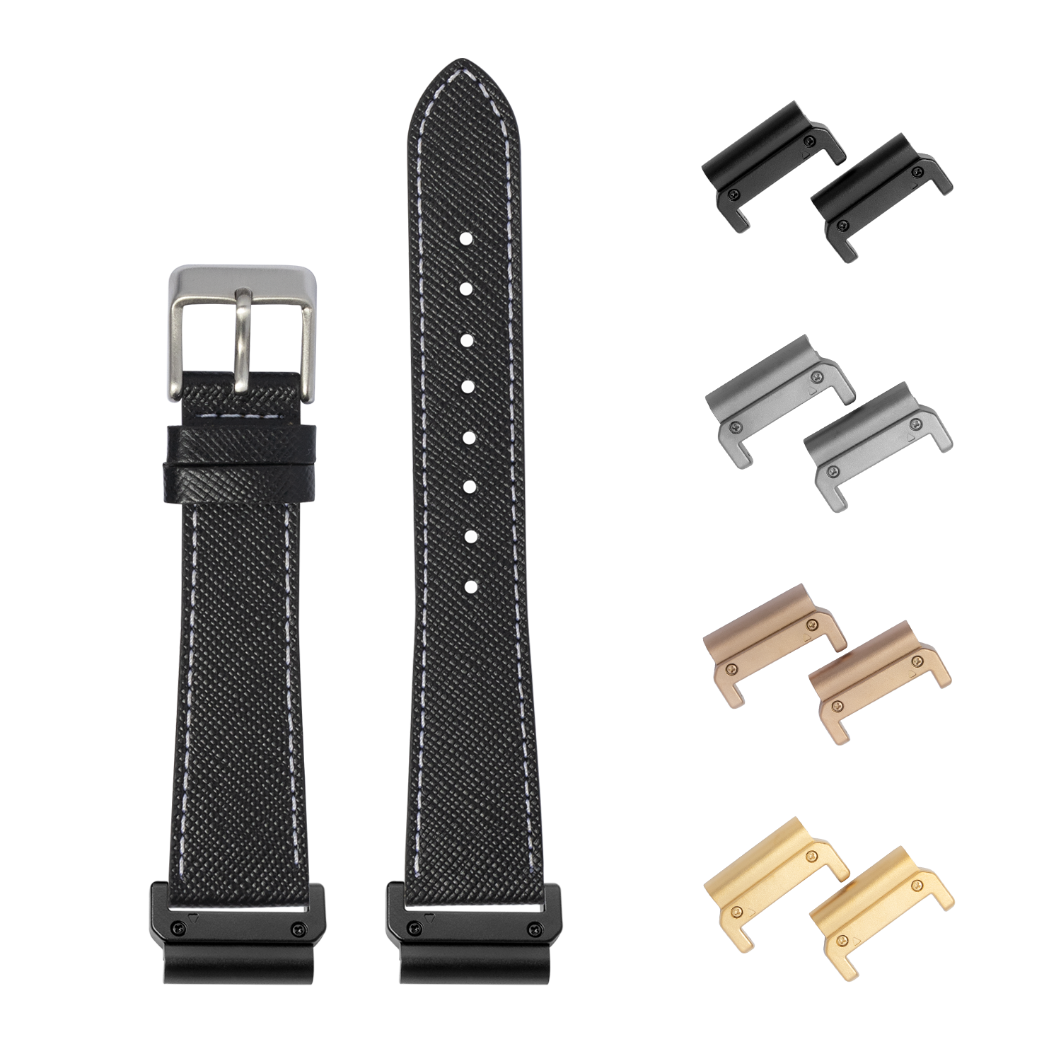 Black Saffiano leather watch strap 22mm with white stitching, interchangeable lugs in multiple finishes, and stainless steel buckle