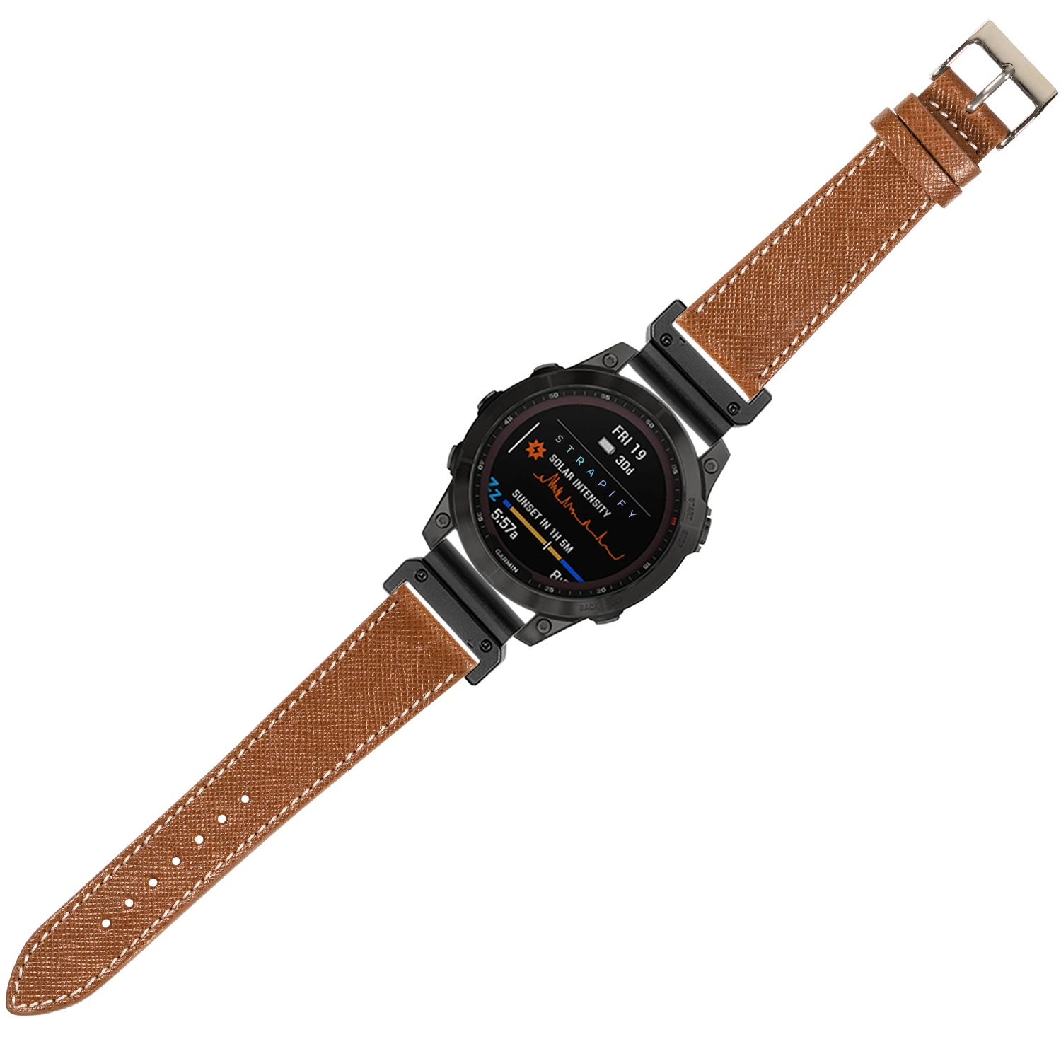 Military-style digital smartwatch with black case and brown leather Saffiano strap with white stitching
