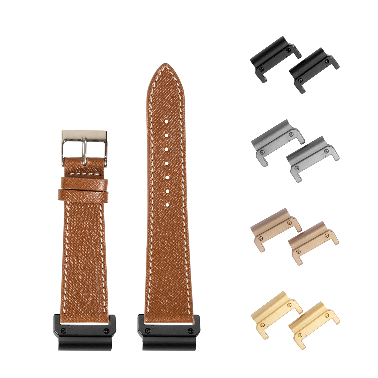 QuickFit Saffiano leather watch band 22mm brown with white stitching and interchangeable metal connectors in multiple finishes