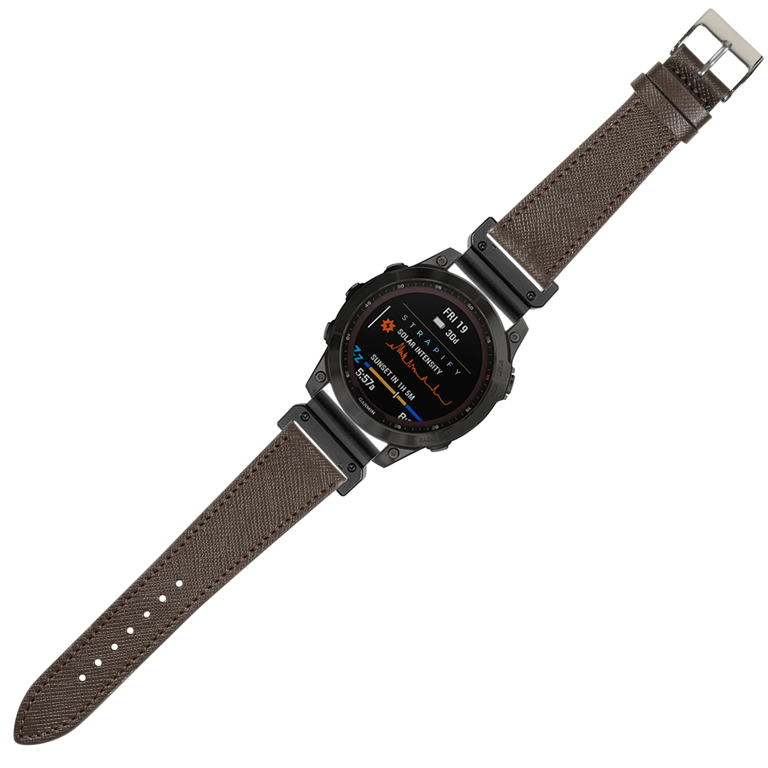 Tactical digital smartwatch with dark brown saffiano leather strap and orange AMOLED display showing fitness metrics