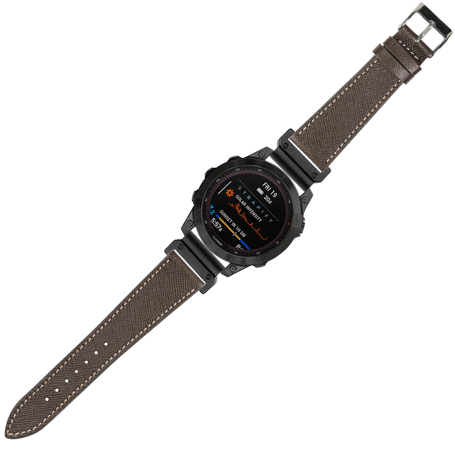Black tactical smartwatch with AMOLED display and dark brown Saffiano leather strap featuring white stitching