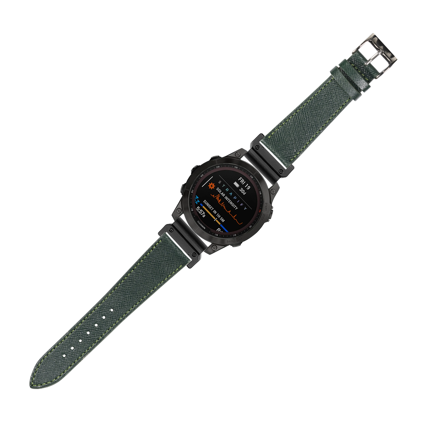 QuickFit Saffiano leather watch strap in forest green 22mm with black metal hardware for tactical digital smartwatch