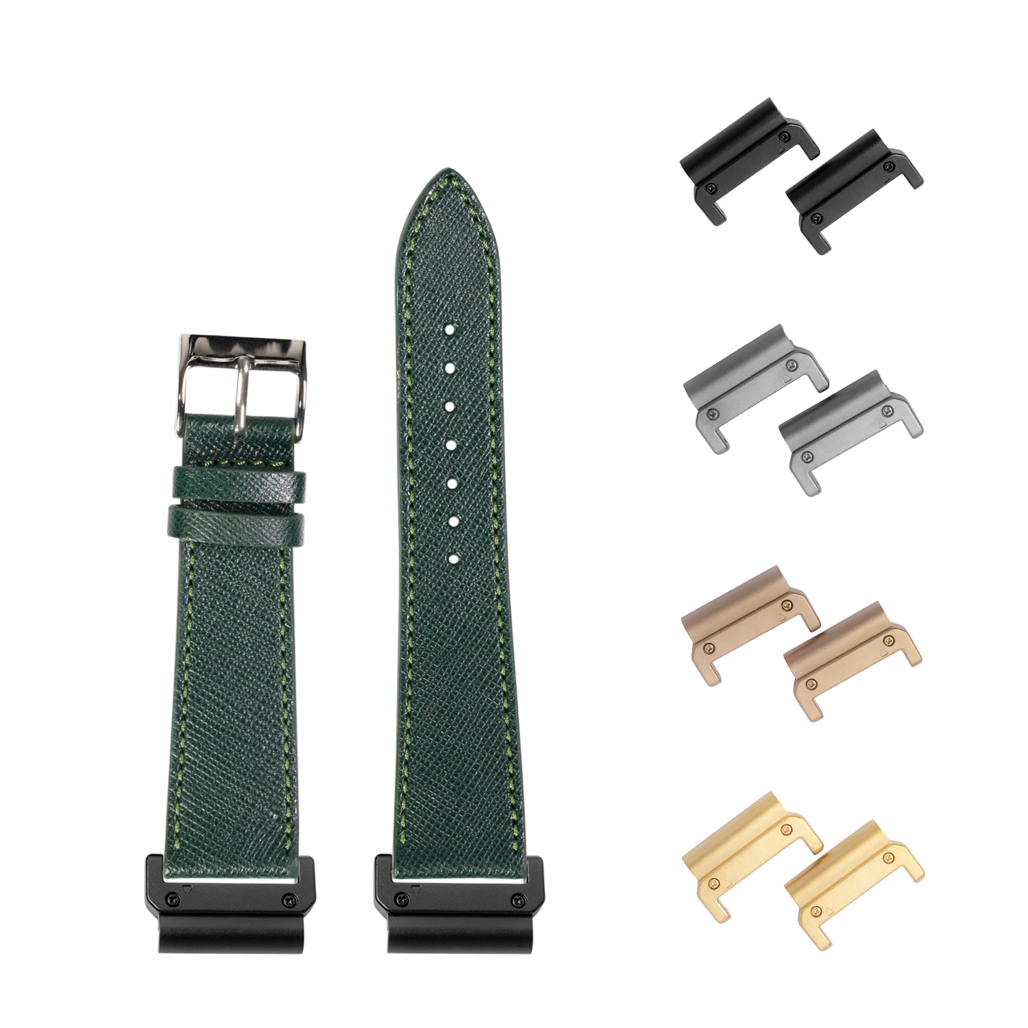 Green Saffiano leather watch strap 22mm with quick-fit adapters in multiple finishes