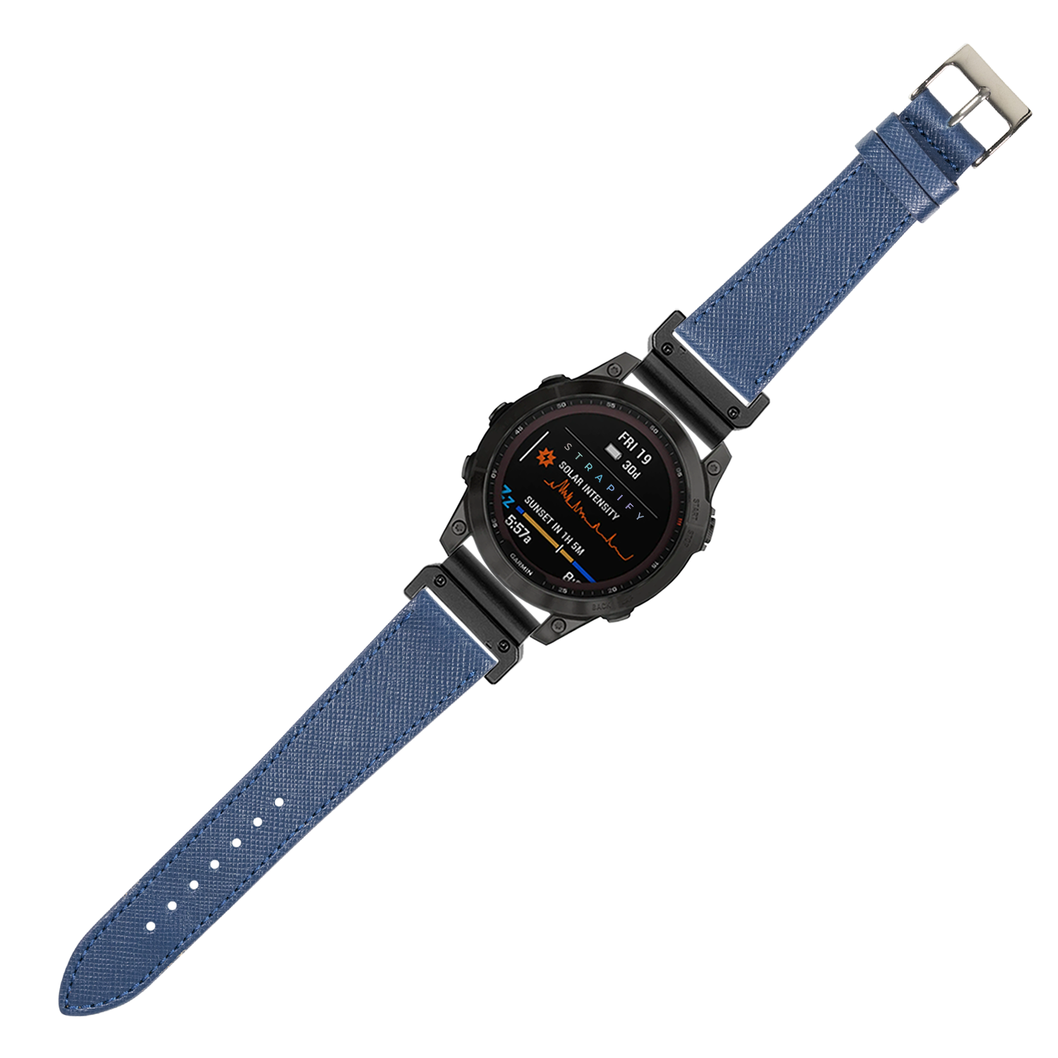 QuickFit Saffiano leather blue watch band 22mm with metal buckle and orange digital display smartwatch