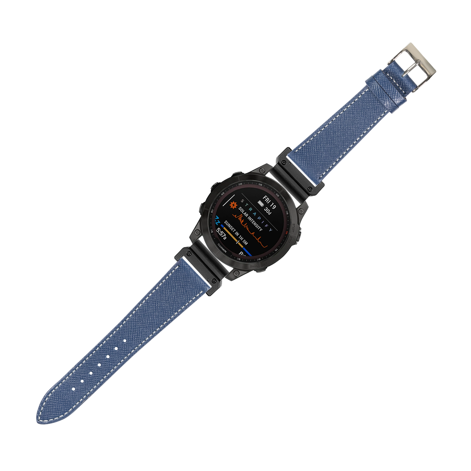 Navy blue Saffiano leather smartwatch band 22mm with white stitching and stainless steel buckle on black digital watch face