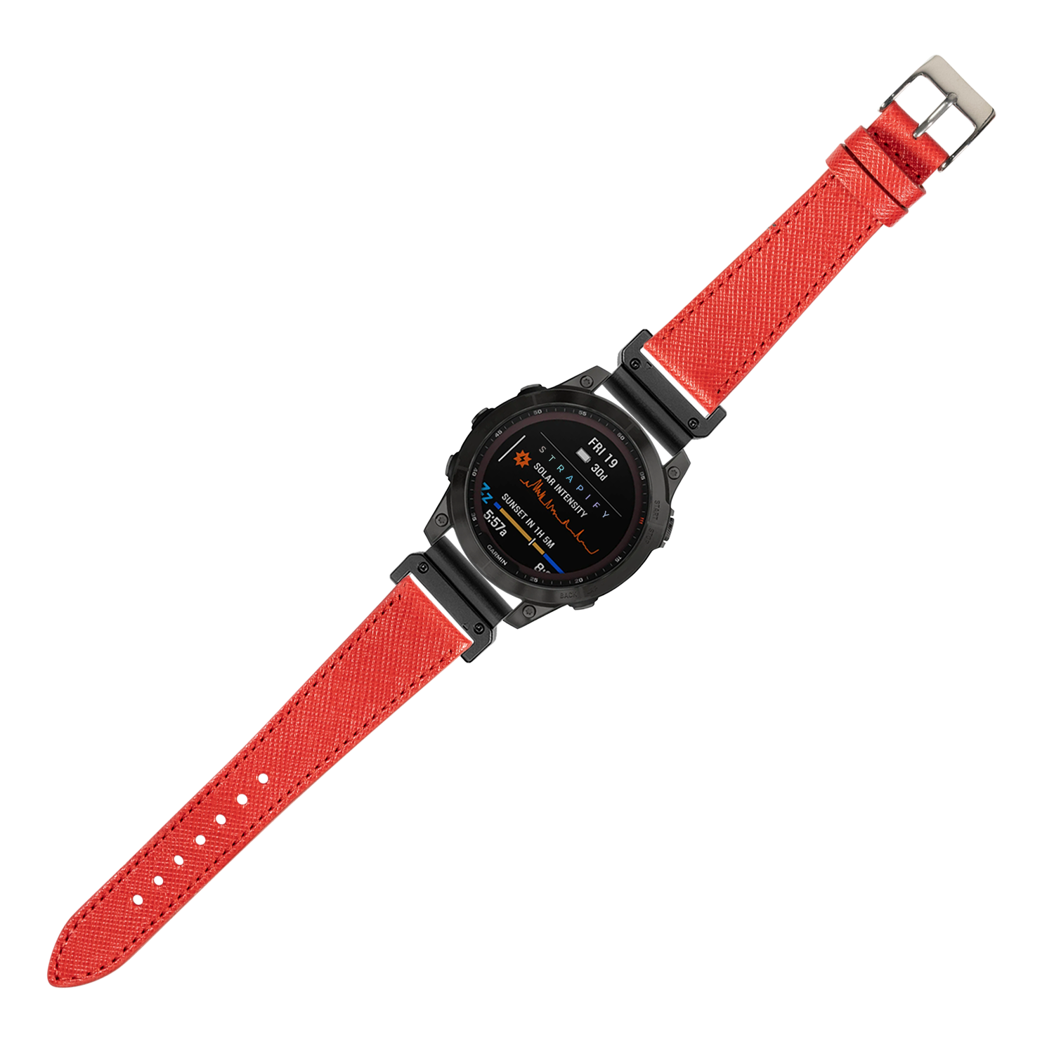 Black digital smartwatch with red Saffiano leather quick-fit band, stainless steel buckle, and AMOLED display showing fitness metrics