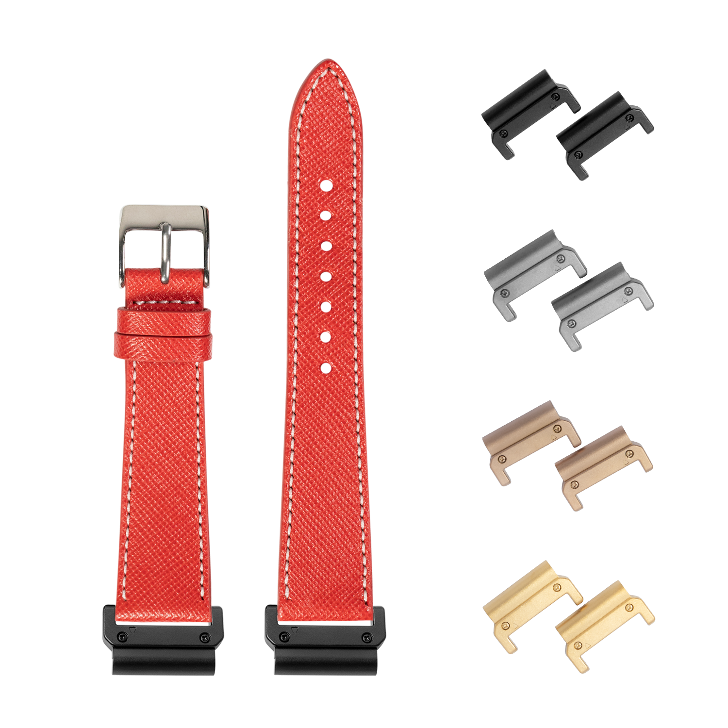 Red Saffiano leather smartwatch band 22mm with white stitching, quick-fit connectors in black, silver, bronze and gold finishes
