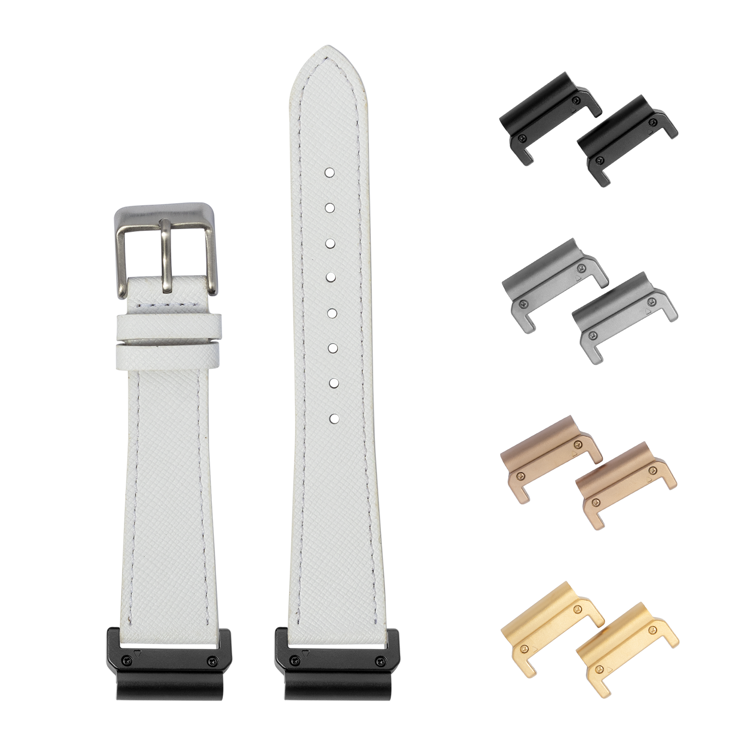 White saffiano leather 22mm quick-release watch strap with buckle and interchangeable lugs in black, silver, gold and rose gold finishes