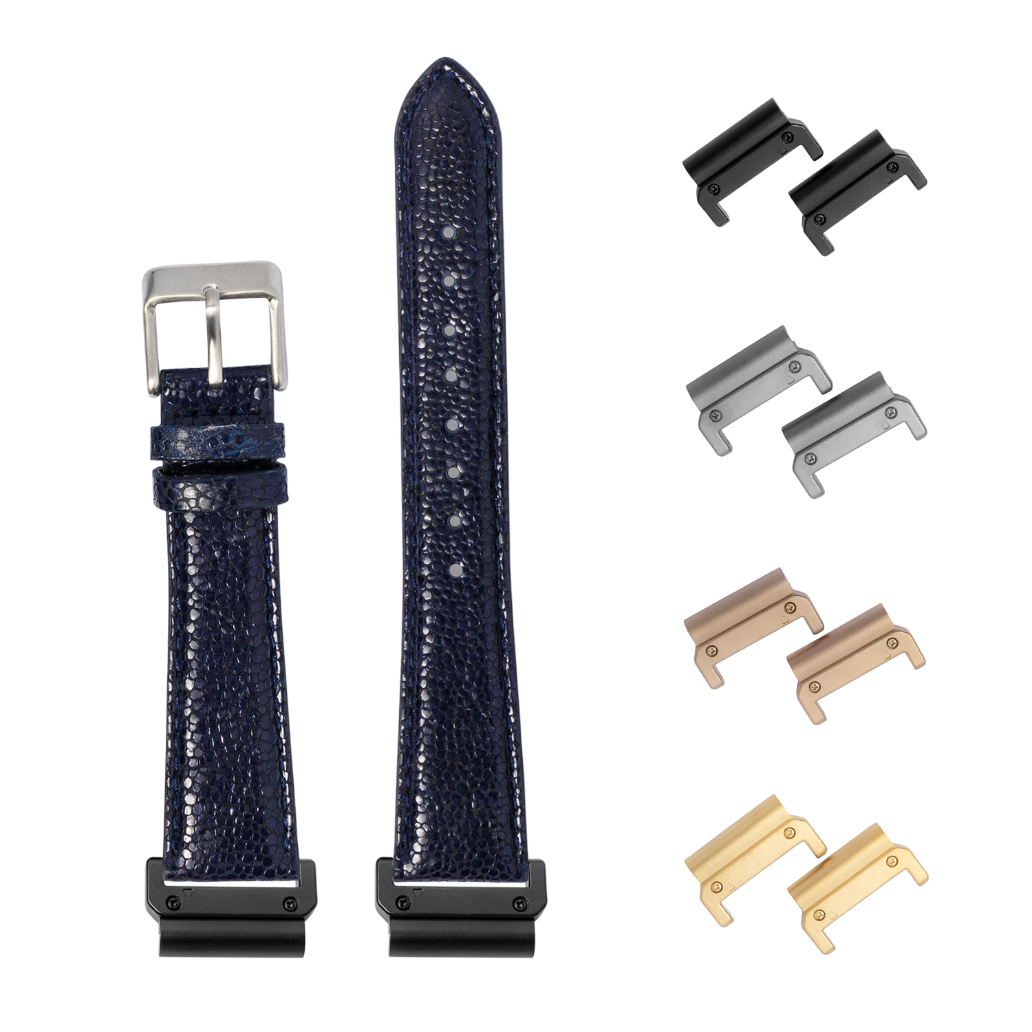Navy blue faux stingray 22mm quick-release watch band with silver buckle and interchangeable metal lugs