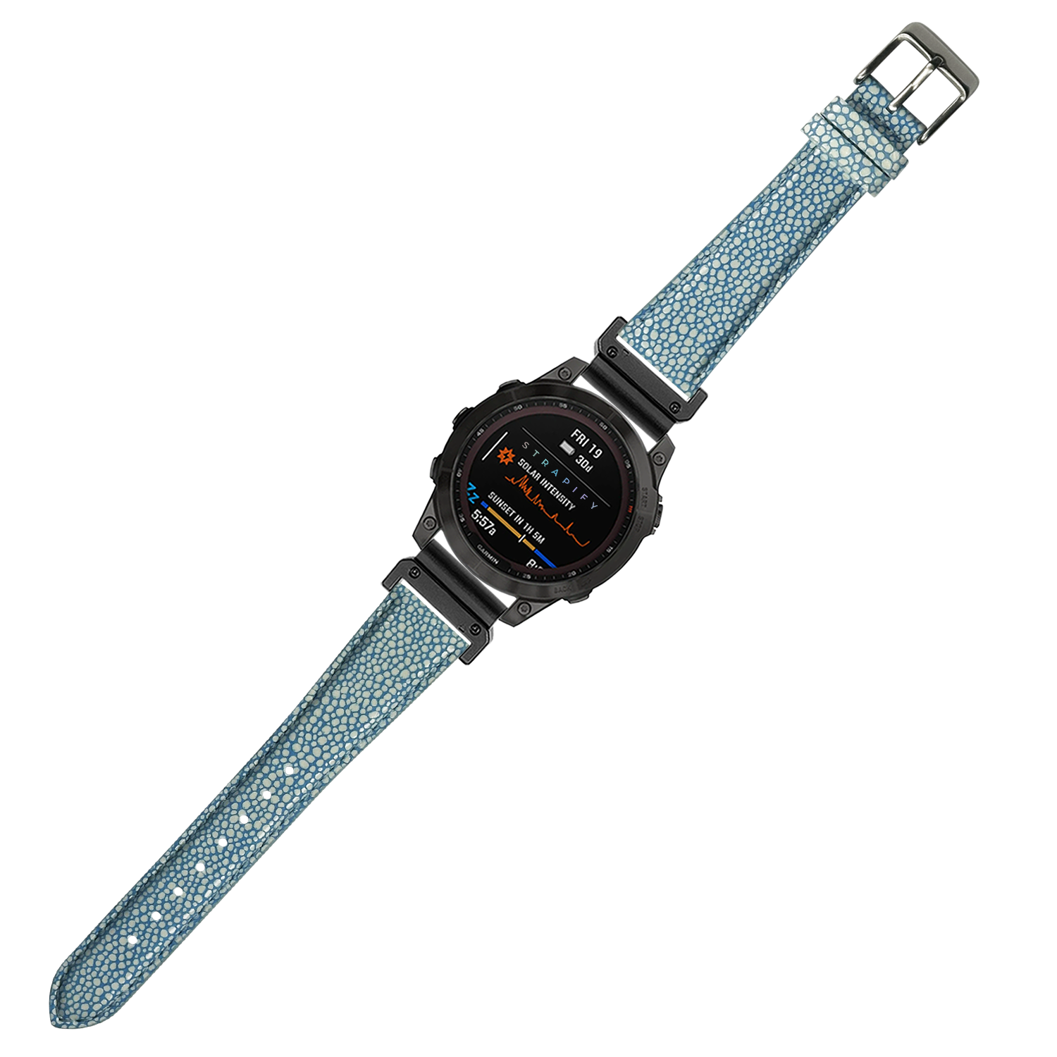 Blue faux stingray QuickFit watch band 22mm with black buckle and digital smartwatch display