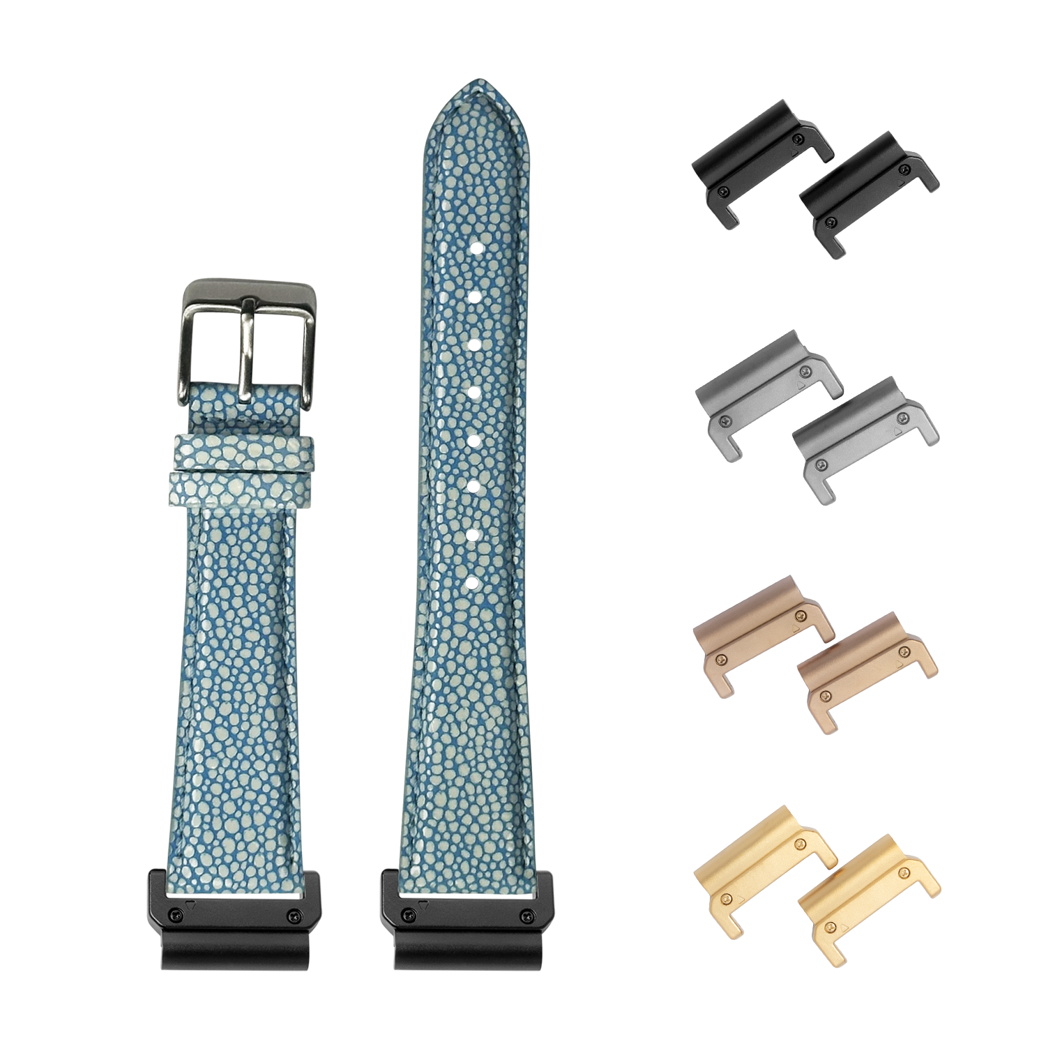 QuickFit faux stingray blue 22mm watch band with interchangeable lugs in black, silver, rose gold and gold finishes