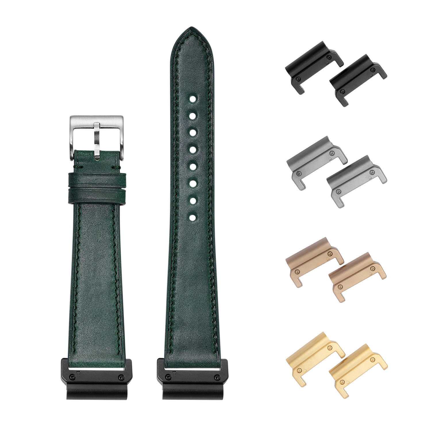 Green Horween Shell Cordovan QuickFit watch strap 22mm with interchangeable metal lugs in black, silver, bronze and gold finishes